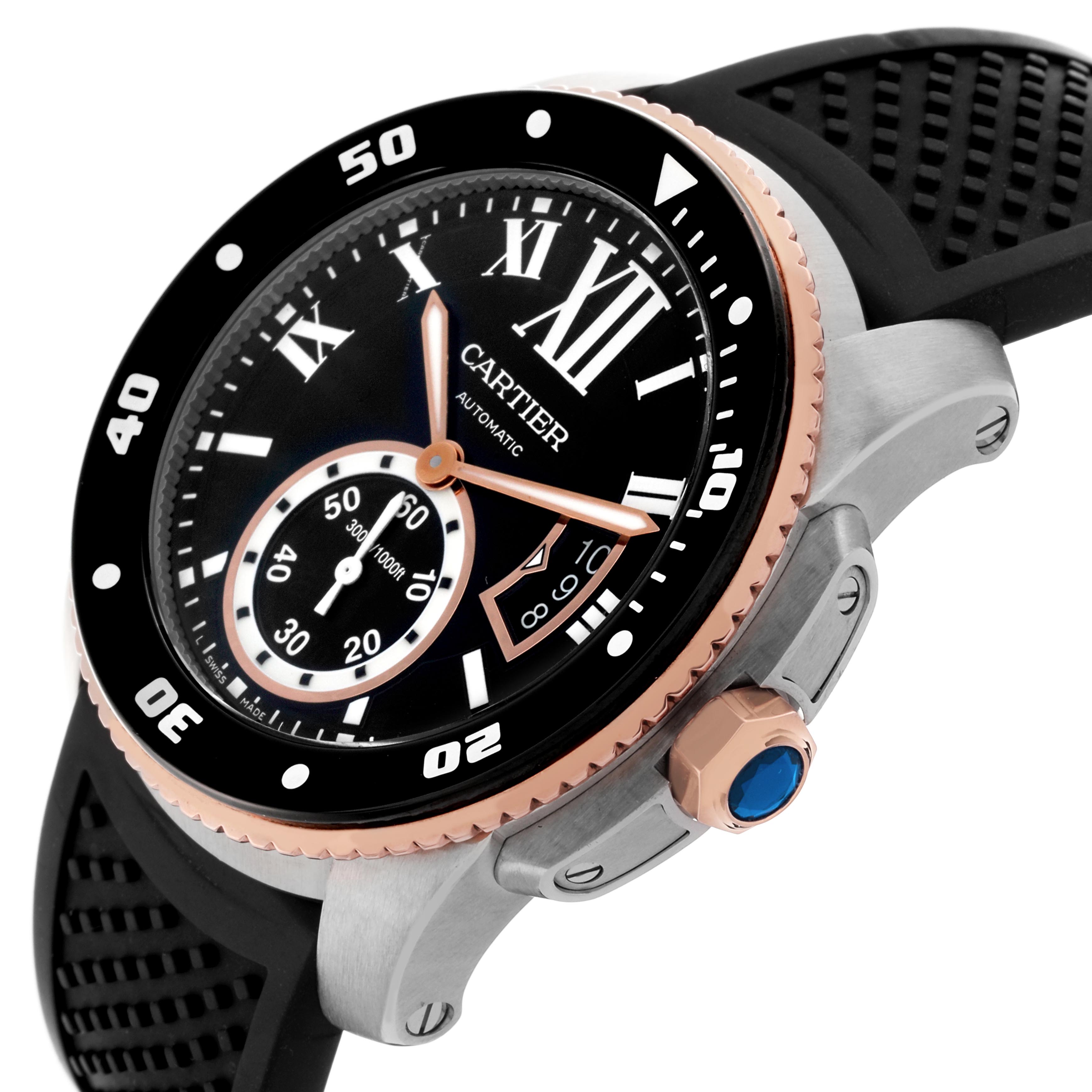 The Calibre de Cartier watch is shown at an angled view, highlighting the bezel, dial, crown, and strap details.