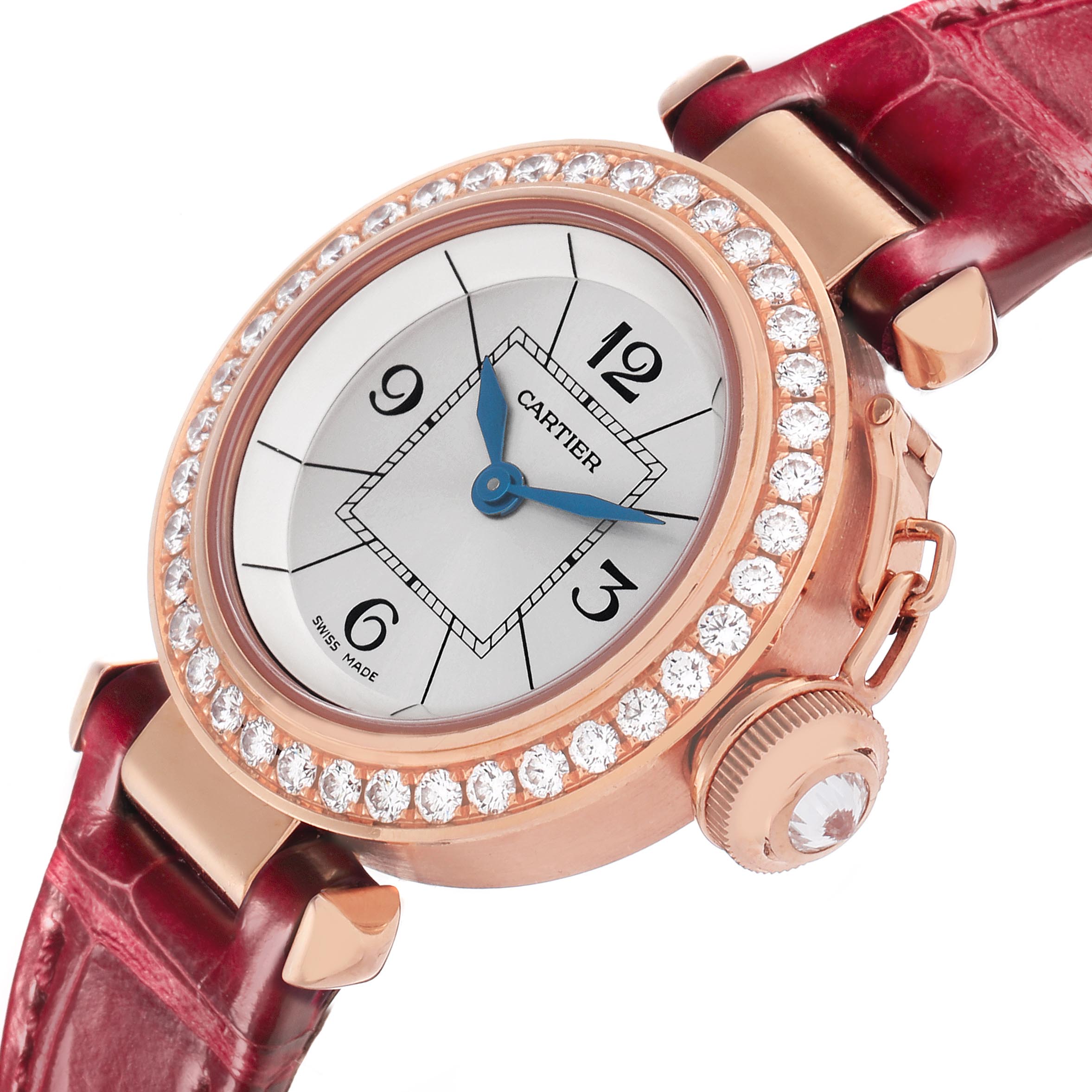 The Cartier Pasha WJ124026 Women's Rose Gold Silver Dial WJ124026 Women's Rose Gold Silver Dial watch is shown from a three-quarter angle, highlighting the diamond bezel, dial, and crown with a red strap.