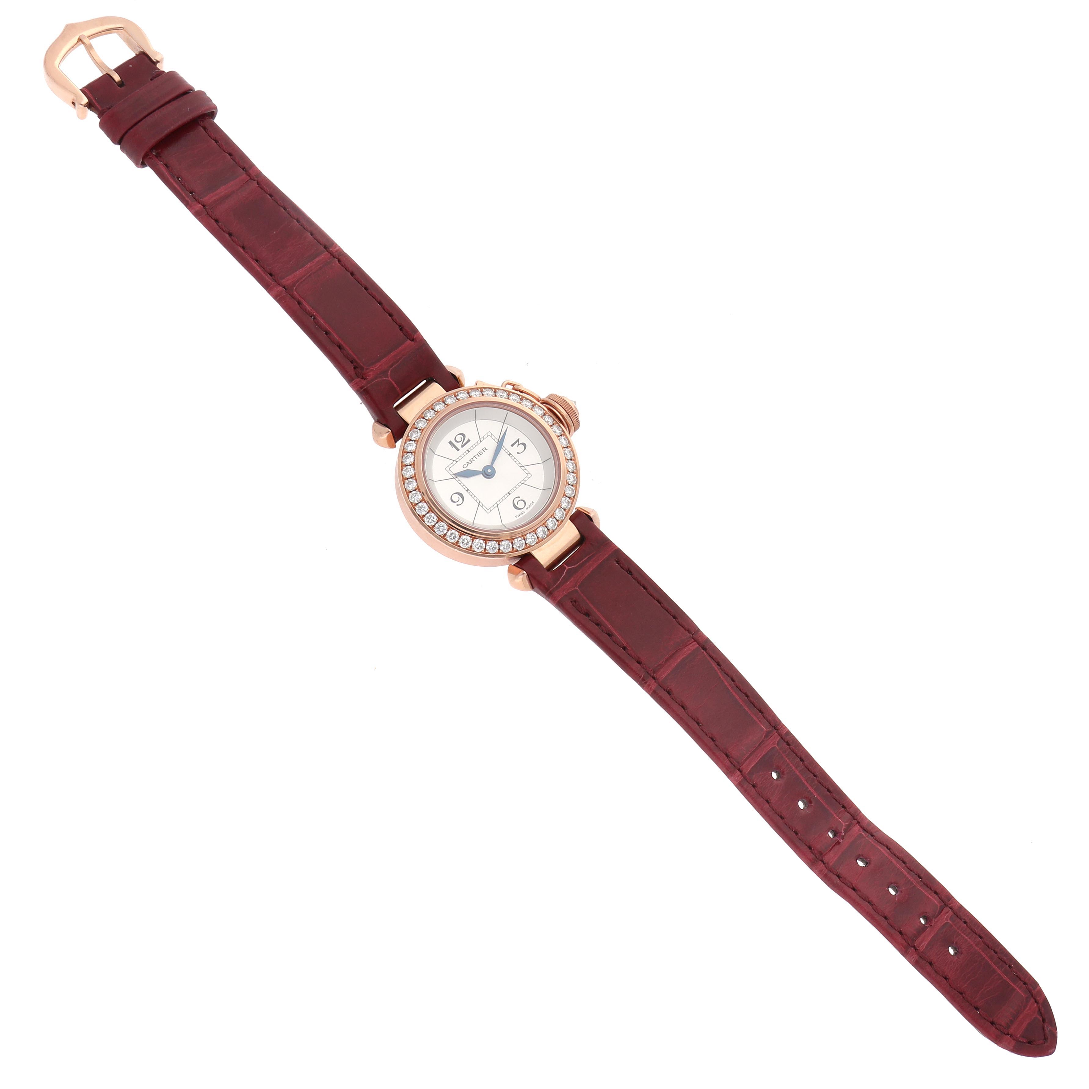 The Cartier Pasha WJ124026 Women's Rose Gold Silver Dial WJ124026 Women's Rose Gold Silver Dial watch is shown from a top-down angle, displaying the face, bezel, and full strap.