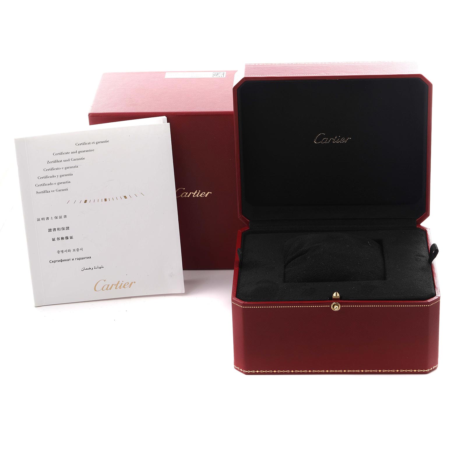 The image shows a Cartier Pasha WJ124026 Women's Rose Gold Silver Dial WJ124026 Women's Rose Gold Silver Dial watch box and accompanying booklet from a frontal angle.