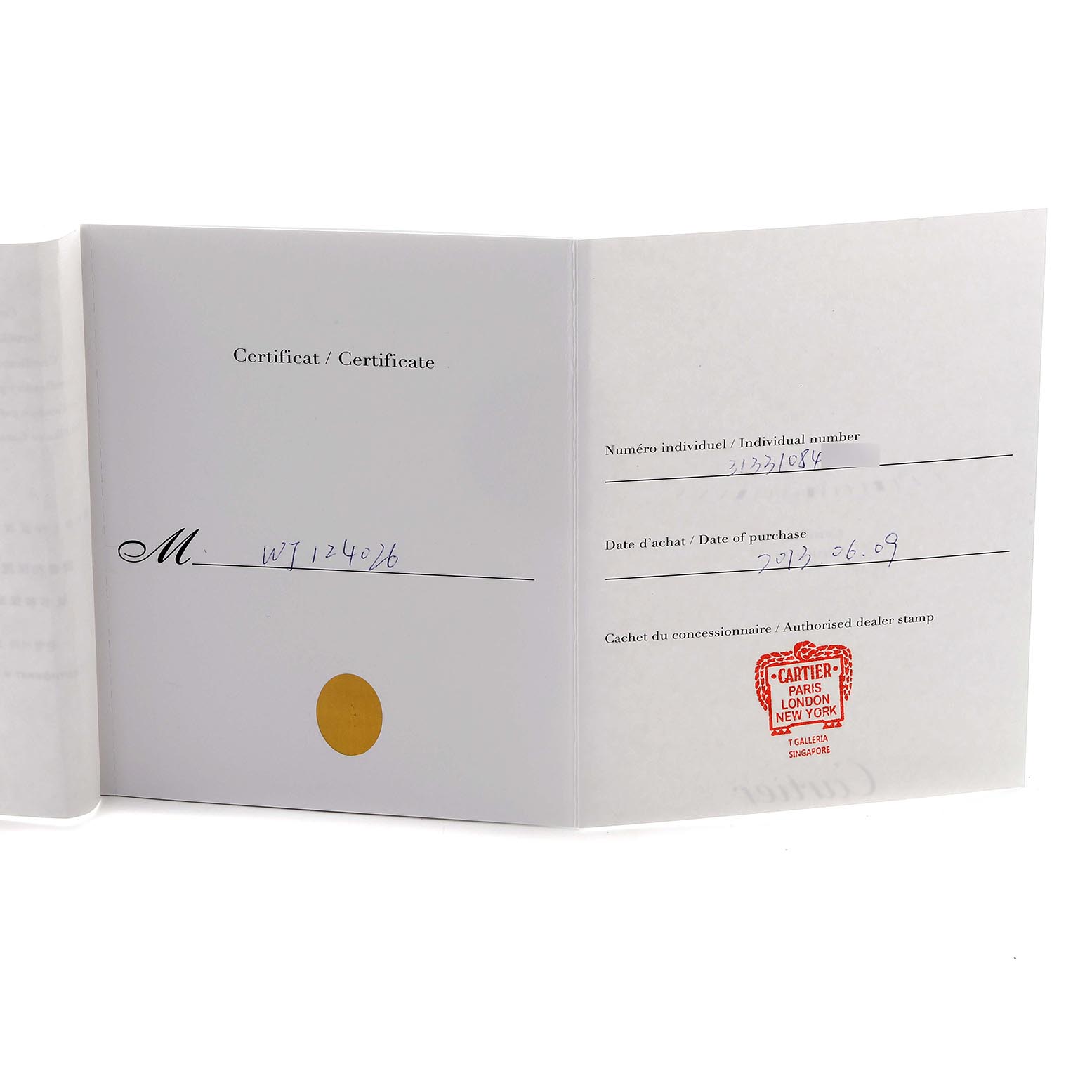 The image shows the certification booklet for a Cartier Pasha WJ124026 Women's Rose Gold Silver Dial WJ124026 Women's Rose Gold Silver Dial watch, displaying purchase details and a dealer stamp.