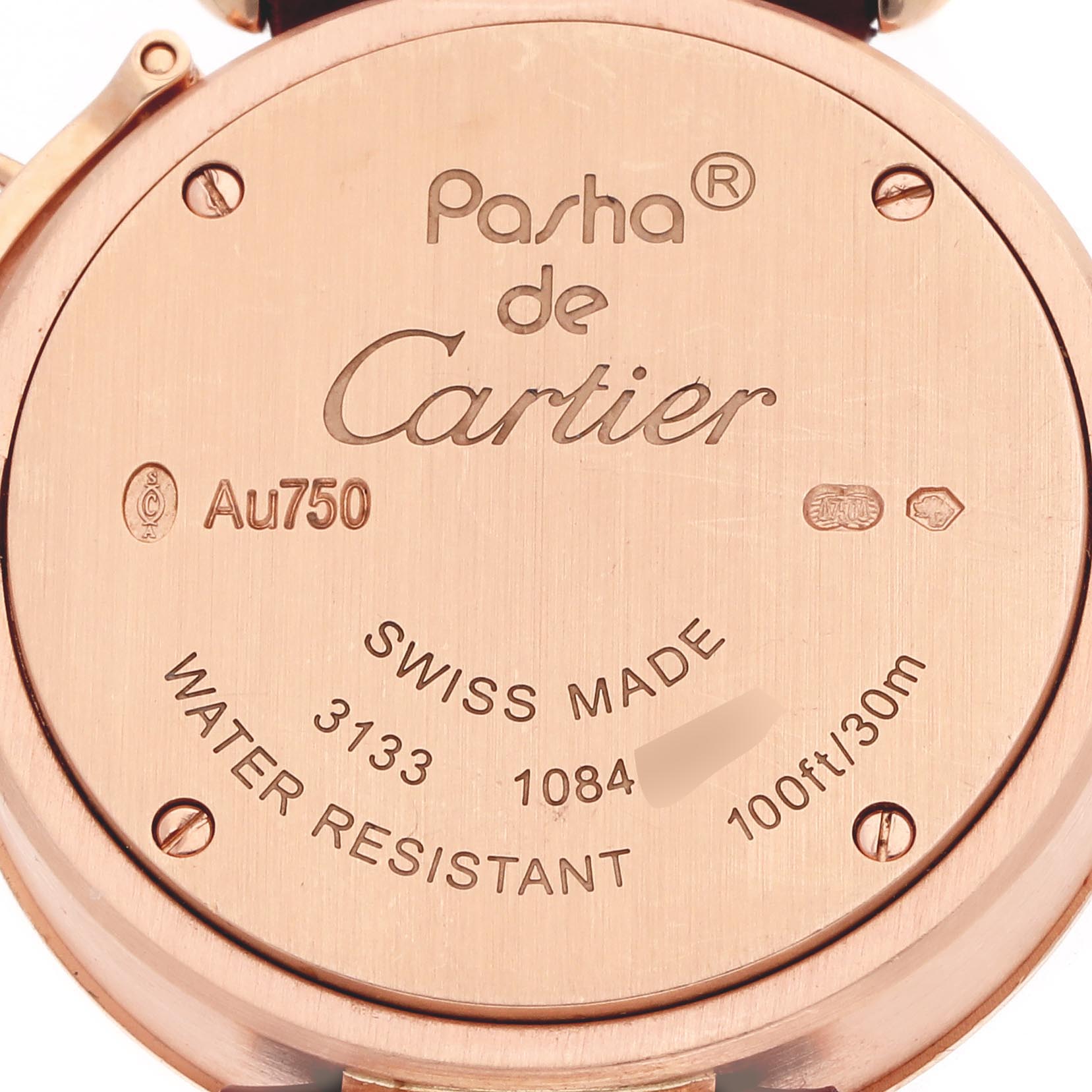 The image shows the back case of the Cartier Pasha WJ124026 Women's Rose Gold Silver Dial WJ124026 Women's Rose Gold Silver Dial watch, highlighting its branding, material, and water resistance details.