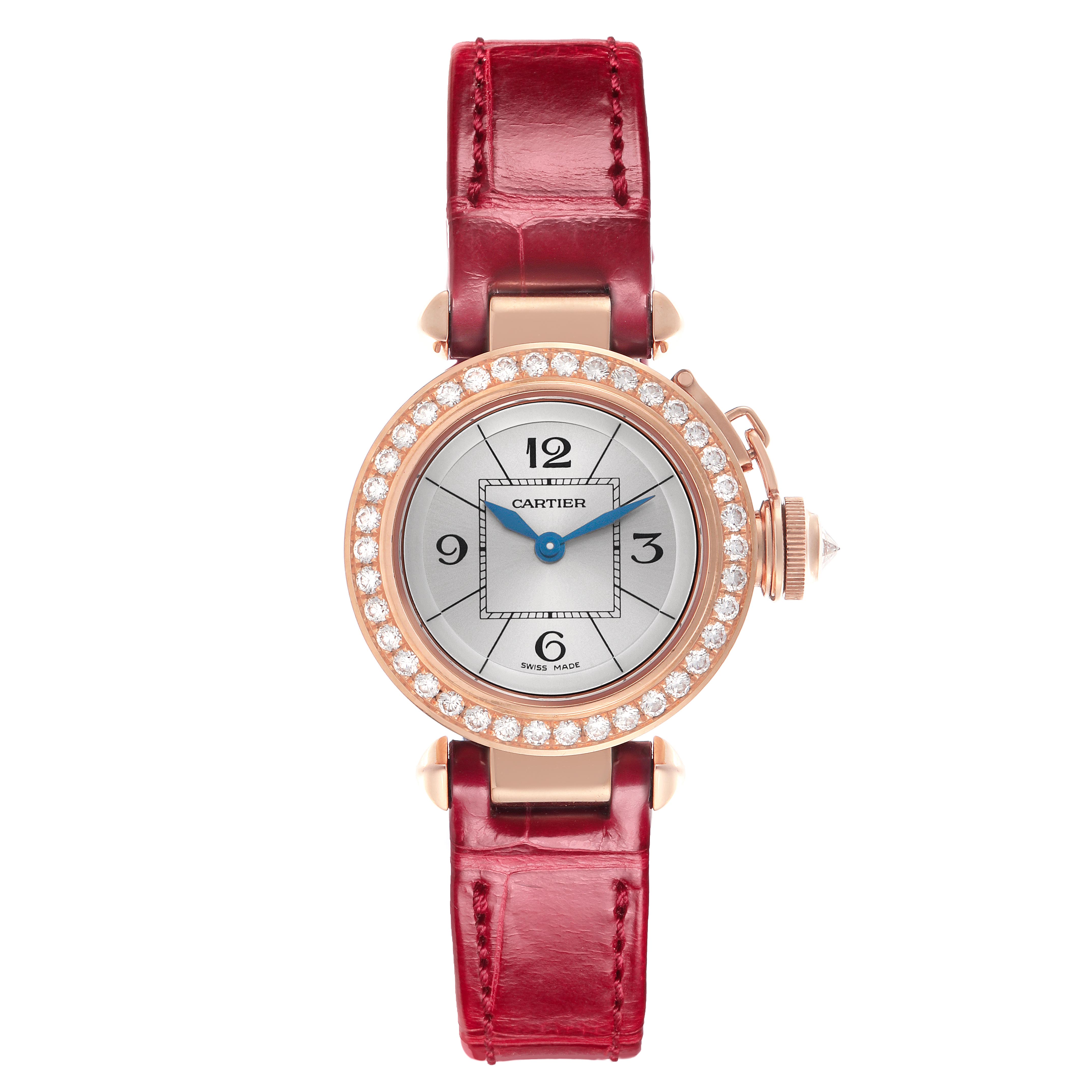 The image shows a front view of the Cartier Pasha WJ124026 Women's Rose Gold Silver Dial WJ124026 Women's Rose Gold Silver Dial watch, featuring a diamond bezel and a red leather strap.