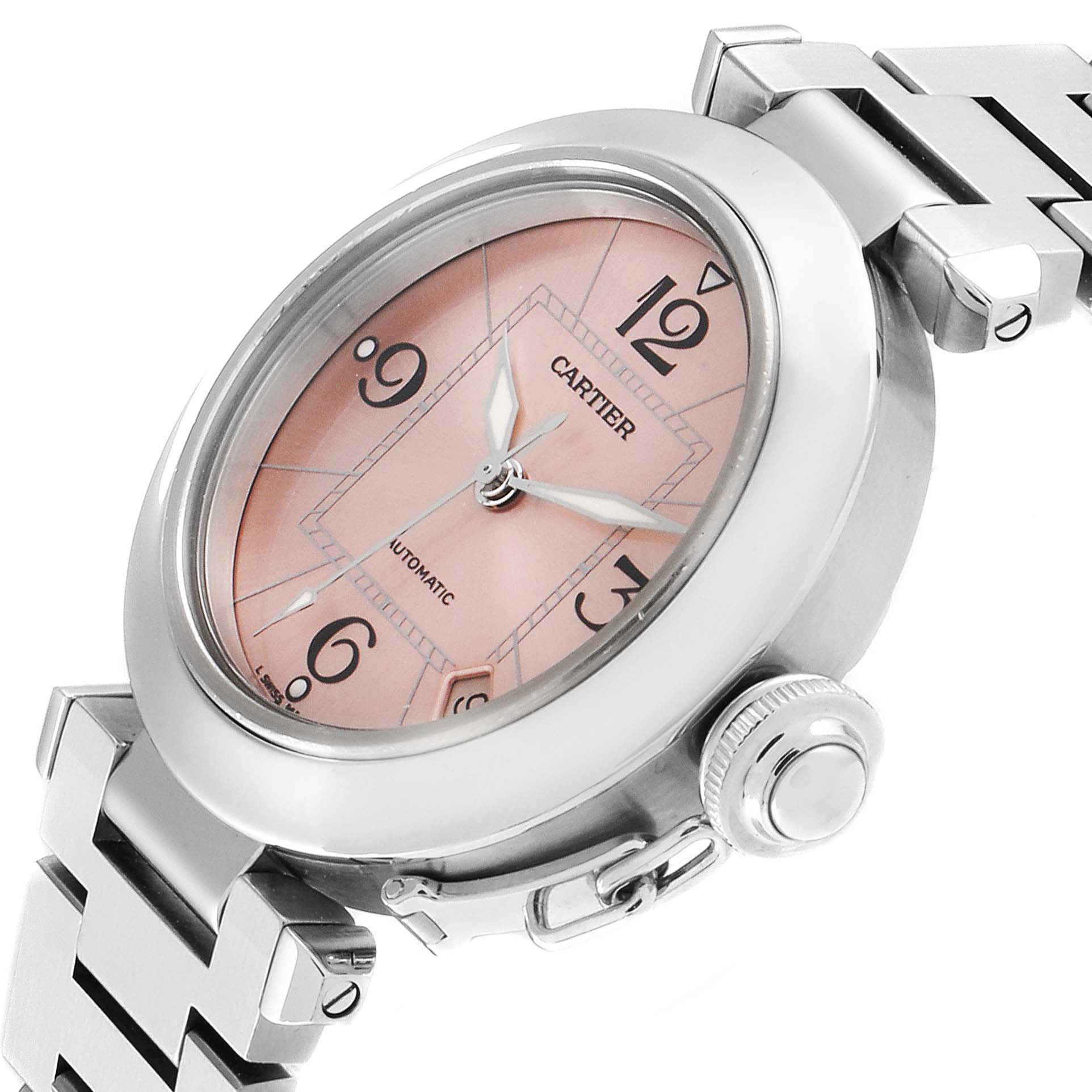 The image shows a Cartier Pasha W31075M7 Women's Stainless Steel Pink Dial W31075M7 Women's Stainless Steel Pink Dial watch at an angle, highlighting the face, bezel, and part of the metal bracelet.