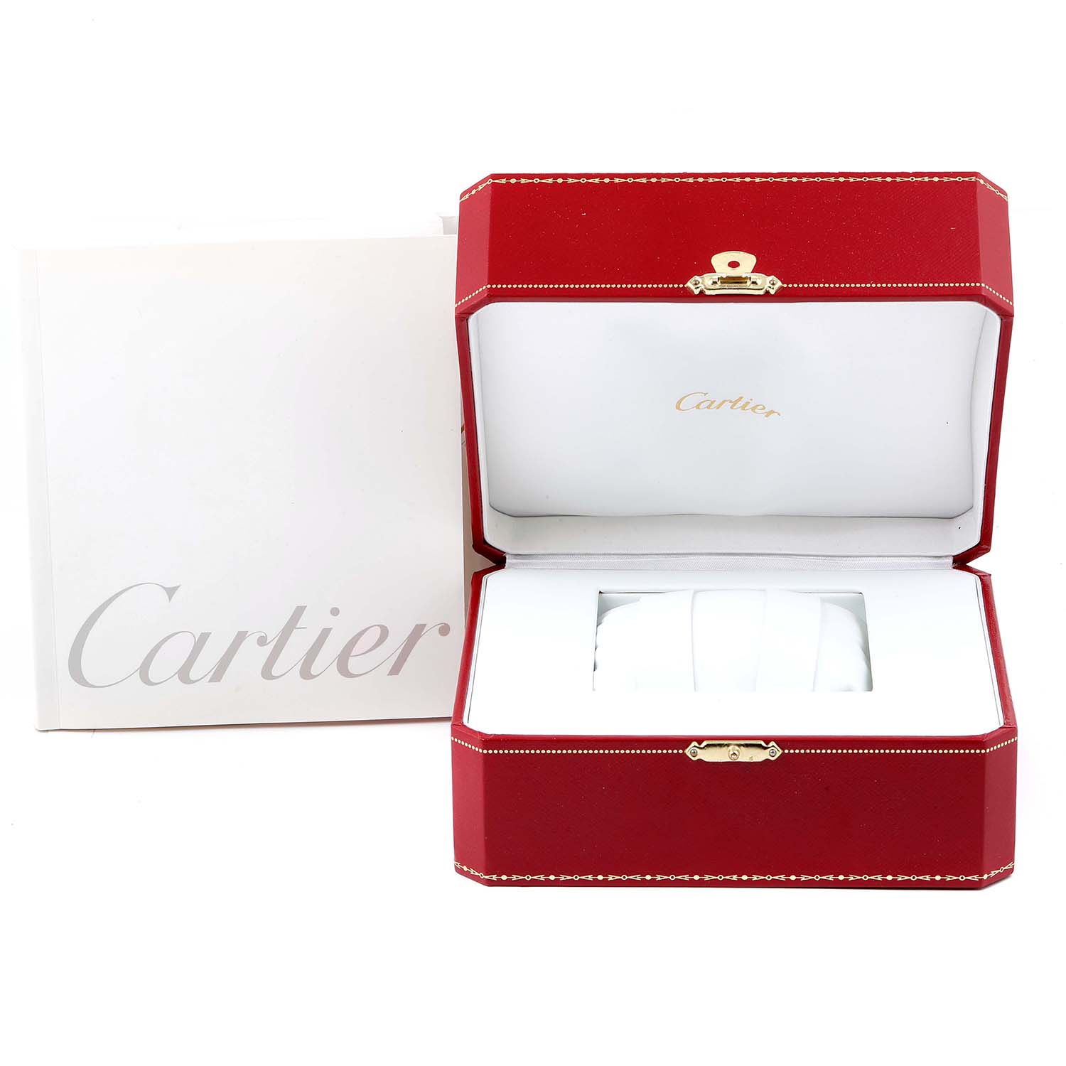 The image shows an open red Cartier box for the Pasha model watch, with the Cartier logo on a white interior.