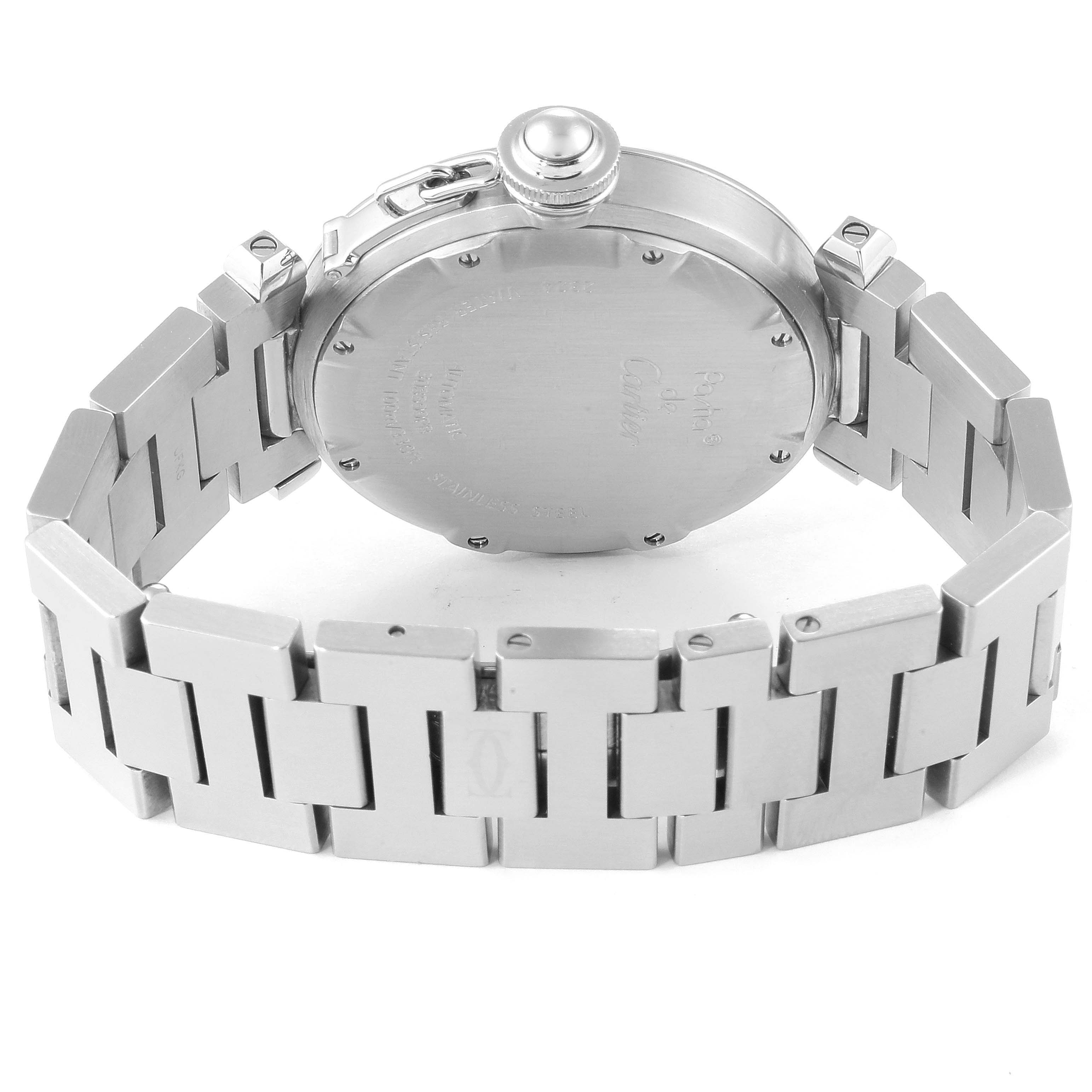 The image shows the back case and bracelet of a Cartier Pasha W31075M7 Women's Stainless Steel Pink Dial W31075M7 Women's Stainless Steel Pink Dial model watch from a rear angle.