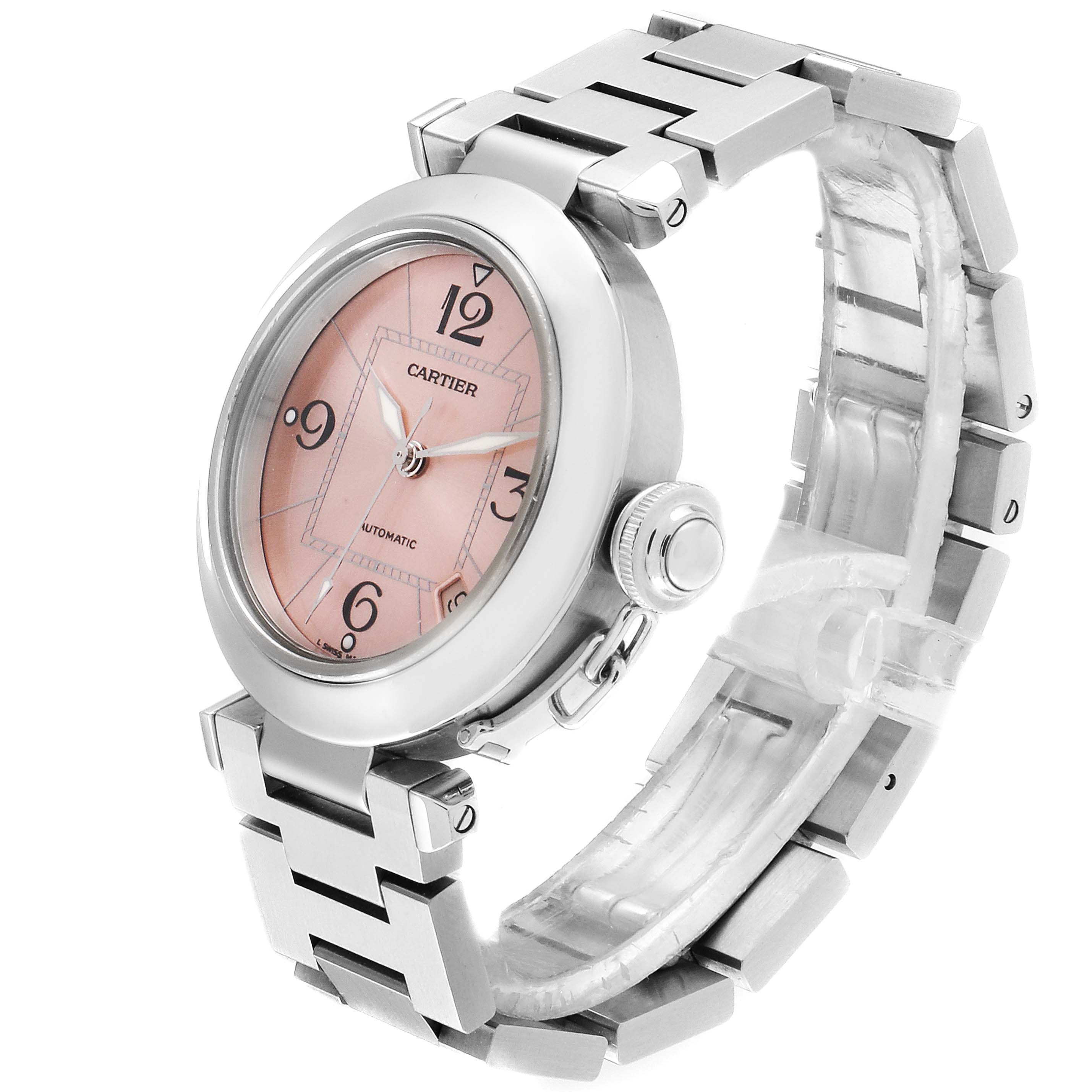 The image shows a side view of a Cartier Pasha W31075M7 Women's Stainless Steel Pink Dial W31075M7 Women's Stainless Steel Pink Dial watch, highlighting its pink dial, crown, and metal bracelet.