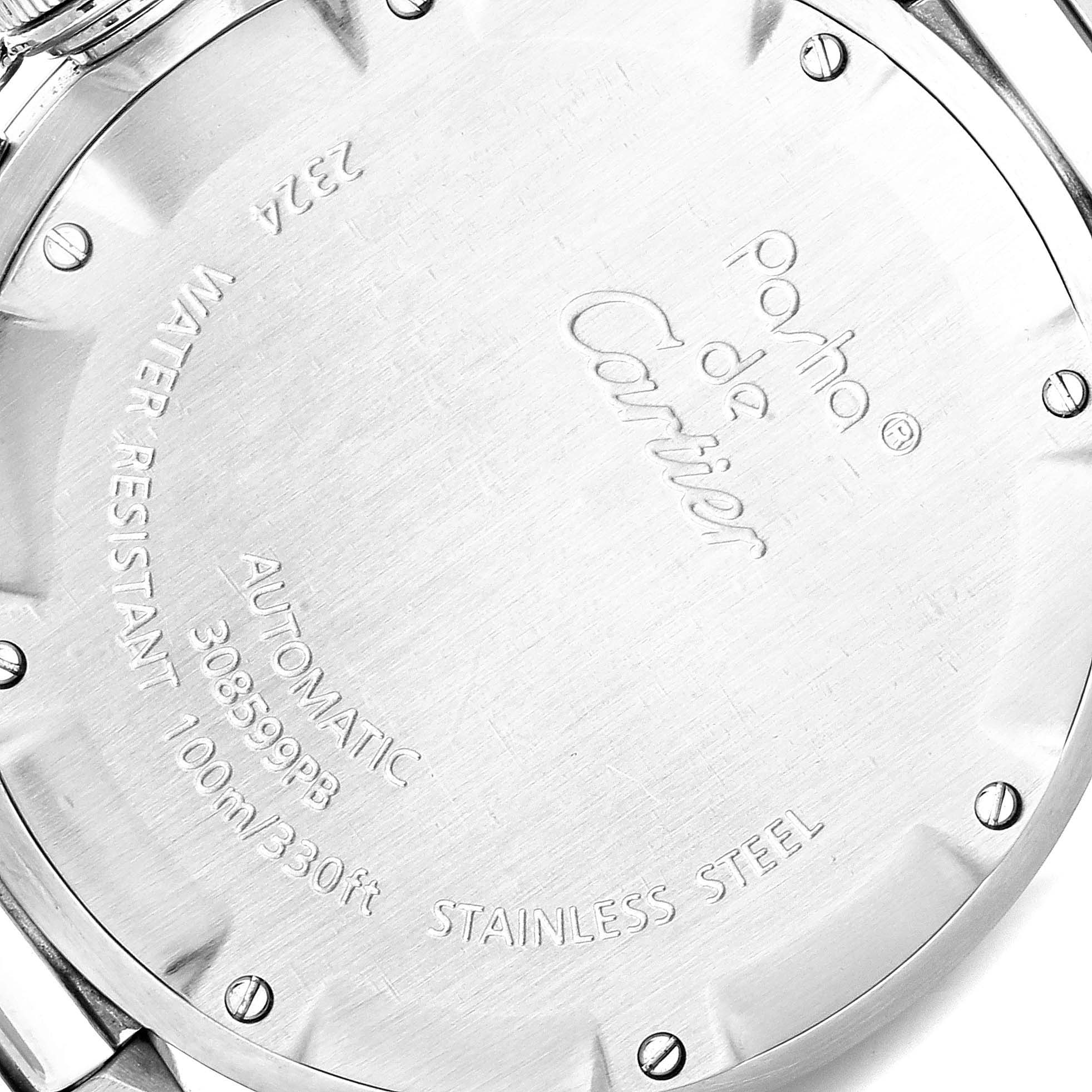 This is the rear angle of the Cartier Pasha W31075M7 Women's Stainless Steel Pink Dial W31075M7 Women's Stainless Steel Pink Dial watch, showing its case back with branding and specifications.