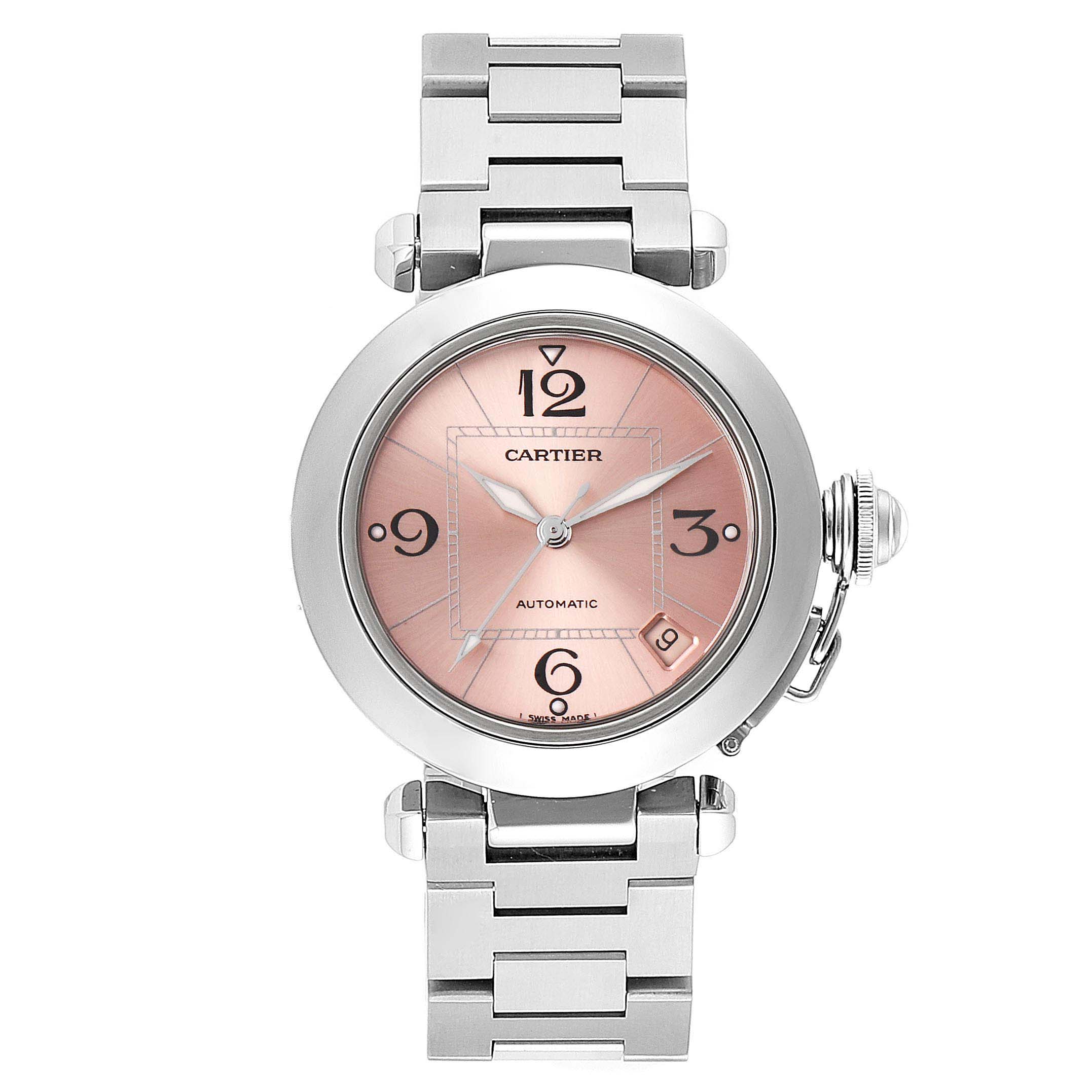 The image shows a Cartier Pasha W31075M7 Women's Stainless Steel Pink Dial W31075M7 Women's Stainless Steel Pink Dial watch from the front, highlighting its round face and metal bracelet.