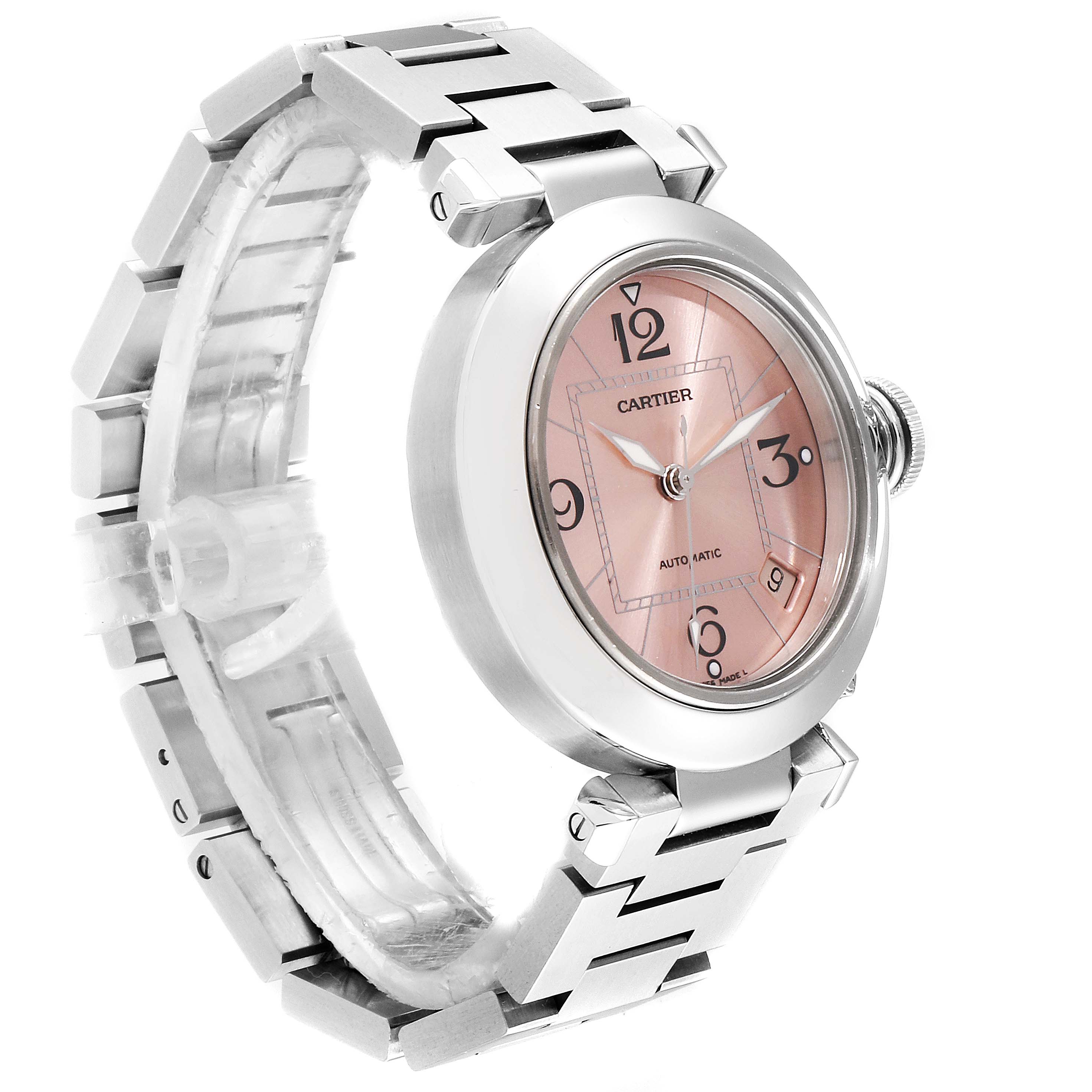 The Cartier Pasha W31075M7 Women's Stainless Steel Pink Dial W31075M7 Women's Stainless Steel Pink Dial watch is shown at a three-quarter angle, displaying its face, bezel, crown, and bracelet.