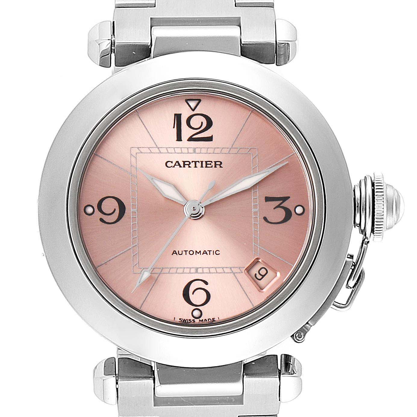 The image shows a Cartier Pasha W31075M7 Women's Stainless Steel Pink Dial W31075M7 Women's Stainless Steel Pink Dial watch from a front angle, highlighting its circular case, pink dial, and metal bracelet.