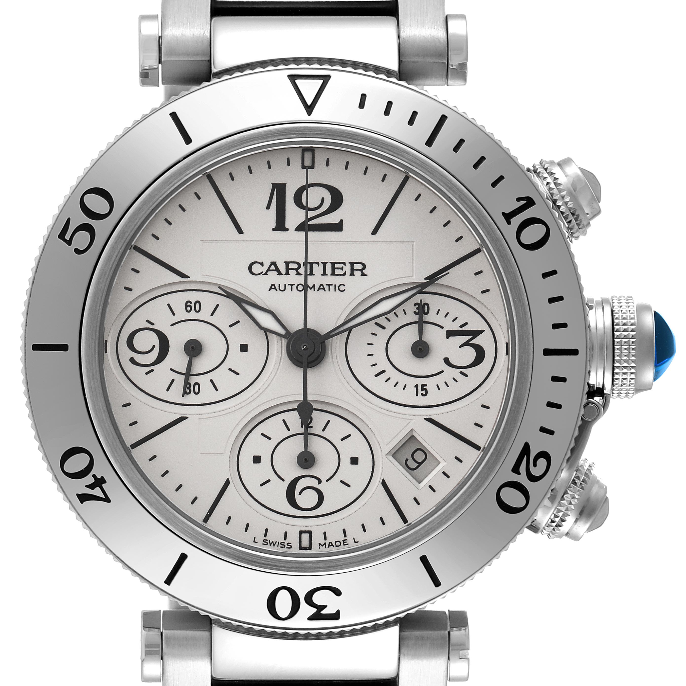 The Cartier Pasha W31089M7 Men's Stainless Steel Silver Dial W31089M7 Men's Stainless Steel Silver Dial watch is shown from a front angle, highlighting the dial, crown, pushers, and bezel.
