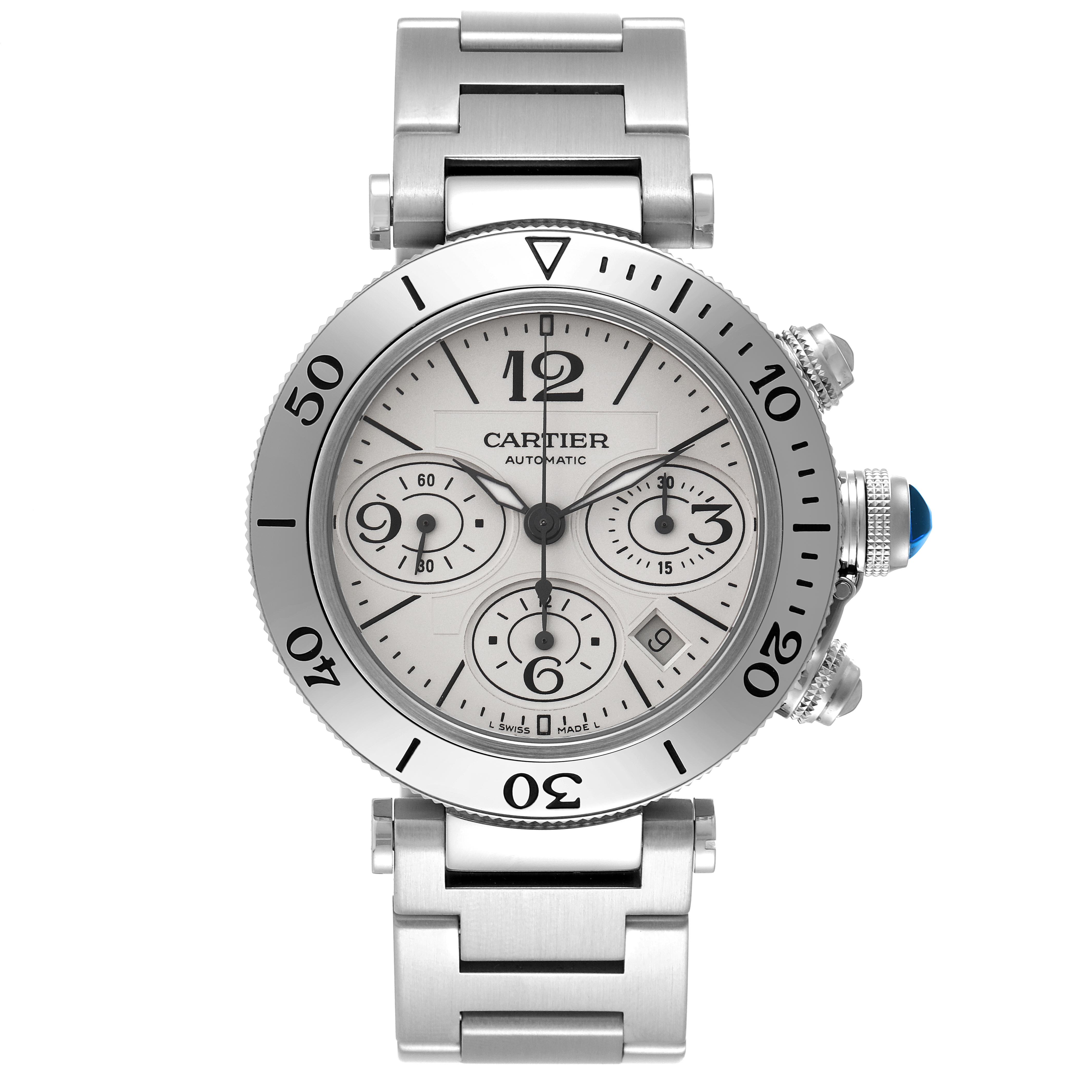 The photo shows a Cartier Pasha W31089M7 Men's Stainless Steel Silver Dial W31089M7 Men's Stainless Steel Silver Dial watch from the front, displaying its face, bezel, chronograph dials, and bracelet.