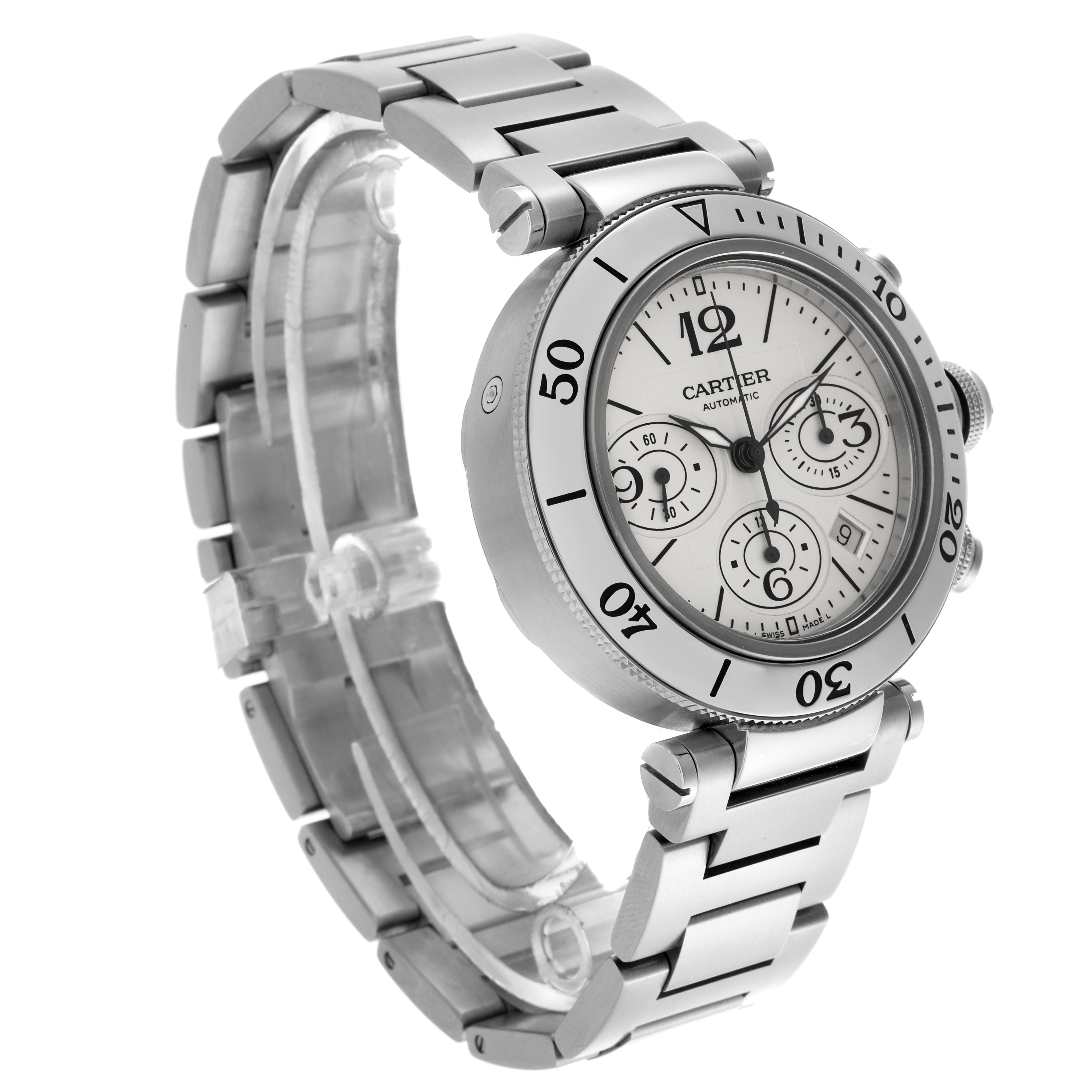 The image shows a Cartier Pasha W31089M7 Men's Stainless Steel Silver Dial W31089M7 Men's Stainless Steel Silver Dial watch at a slight side angle highlighting the face, bracelet, and bezel.