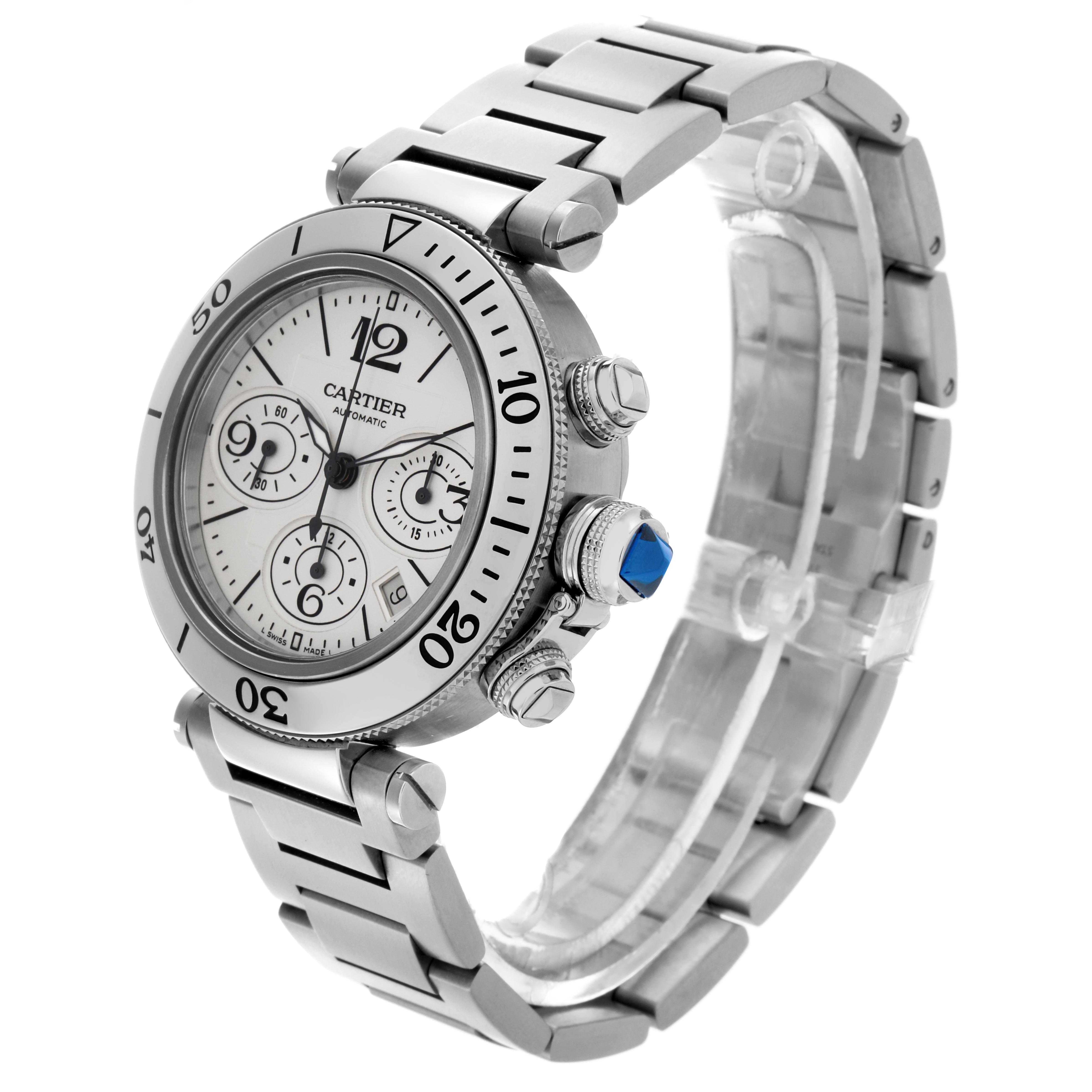 The Cartier Pasha W31089M7 Men's Stainless Steel Silver Dial W31089M7 Men's Stainless Steel Silver Dial watch is shown at a 3/4 angle, highlighting the face, bezel, crown with a blue gem, and bracelet.