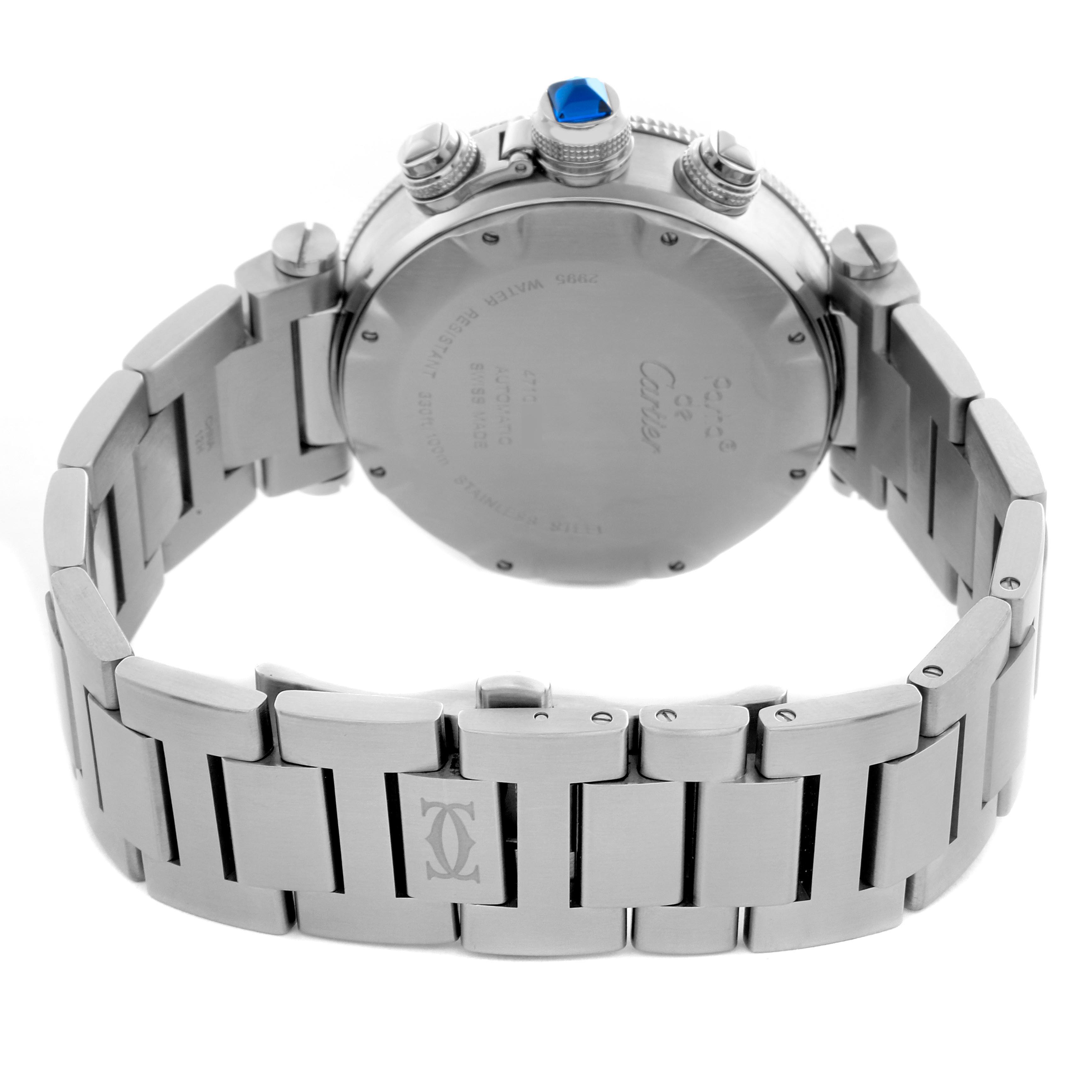 The image shows the back view of the Cartier Pasha W31089M7 Men's Stainless Steel Silver Dial W31089M7 Men's Stainless Steel Silver Dial watch, highlighting the clasp, band, and crown.