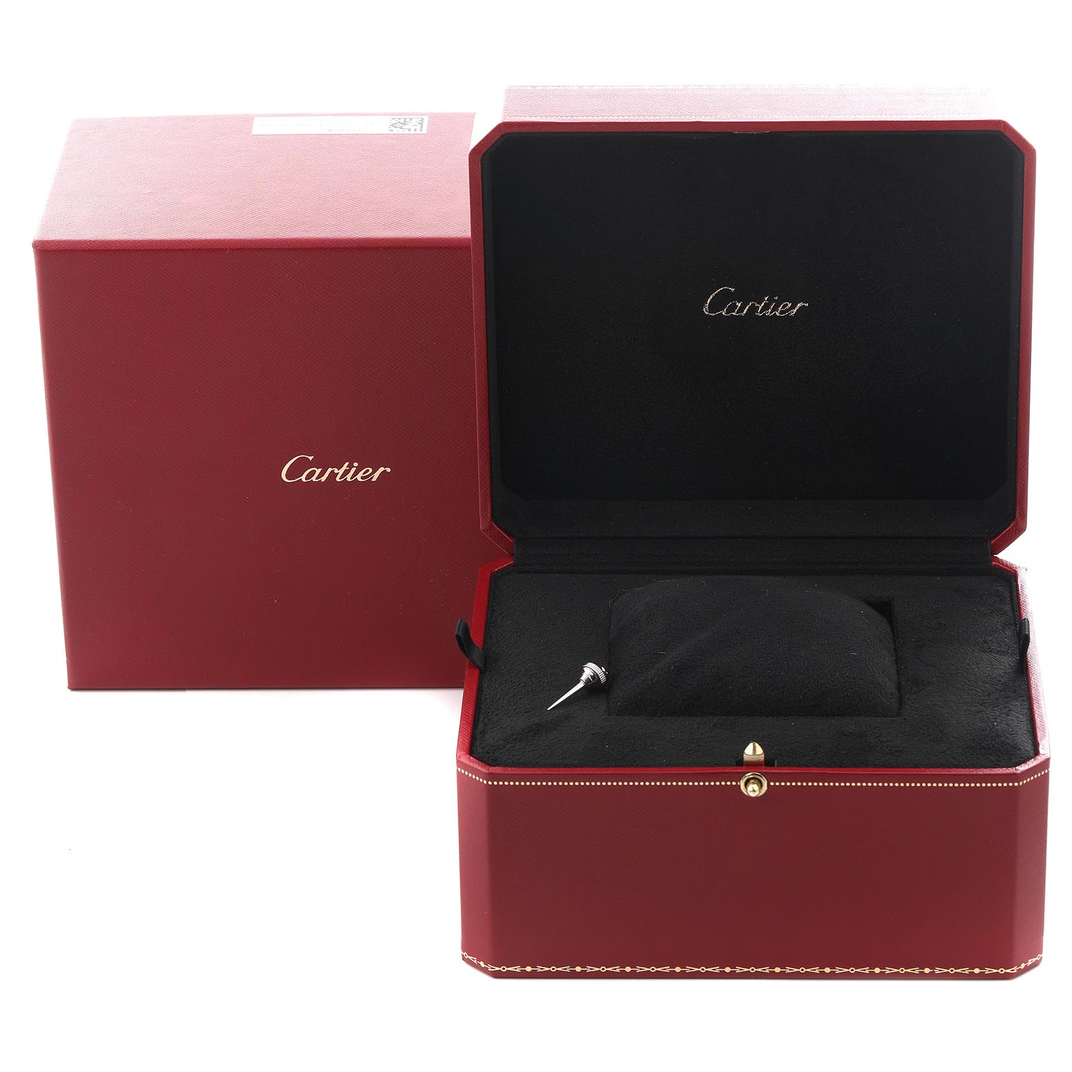 The image shows an open Cartier Pasha W31089M7 Men's Stainless Steel Silver Dial W31089M7 Men's Stainless Steel Silver Dial watch box with a cushion and crown on display, alongside a closed red Cartier box.