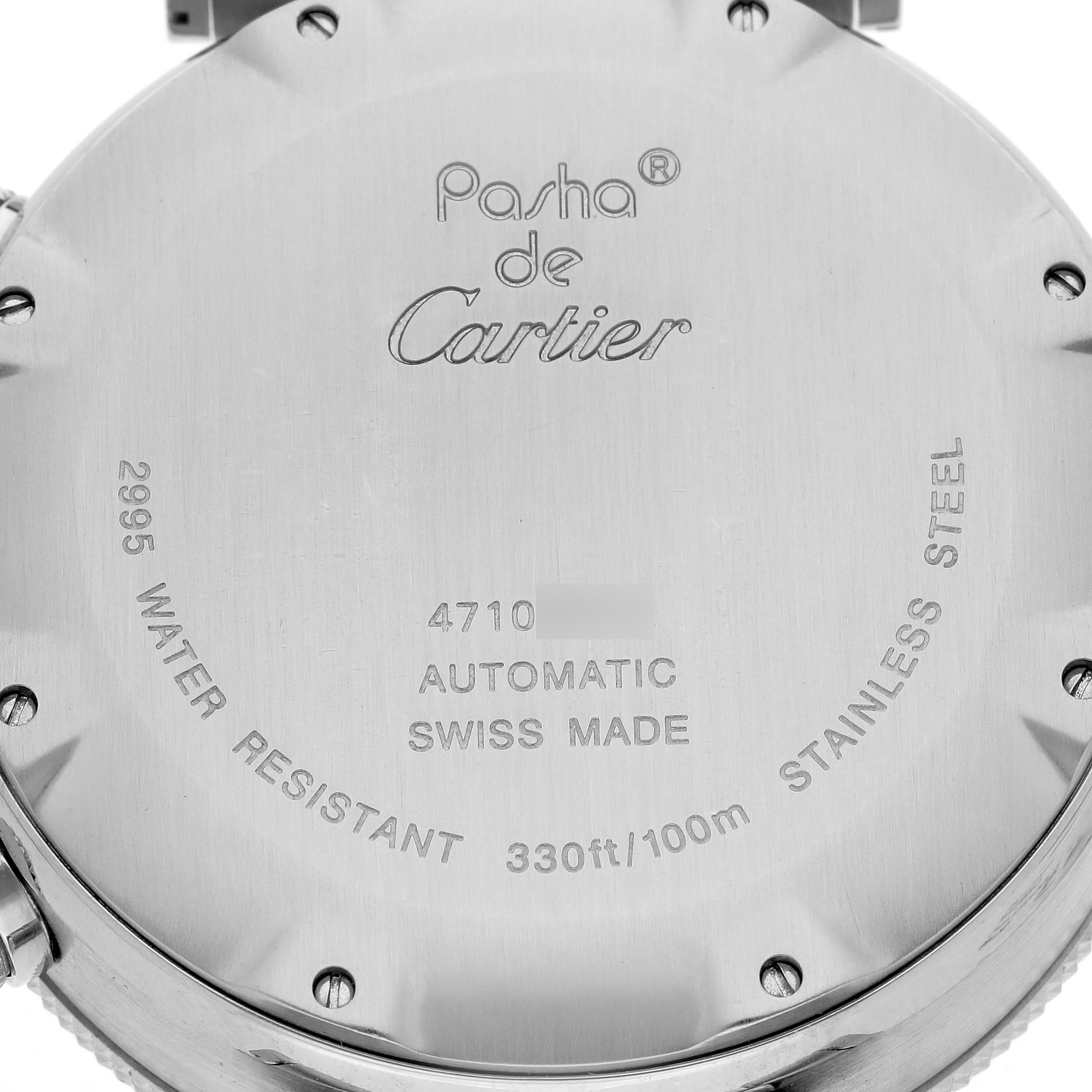 The image shows the back case of a Cartier Pasha W31089M7 Men's Stainless Steel Silver Dial W31089M7 Men's Stainless Steel Silver Dial model, highlighting its engravings and specifications.