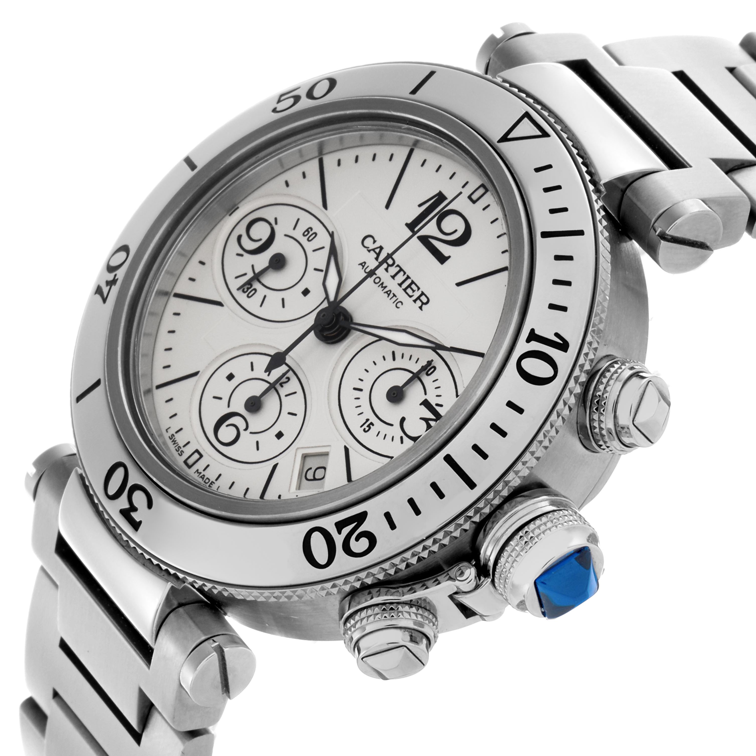The image shows the Cartier Pasha W31089M7 Men's Stainless Steel Silver Dial W31089M7 Men's Stainless Steel Silver Dial watch at an angled side view, highlighting the bezel, dials, bracelet, and crown with a blue gem.