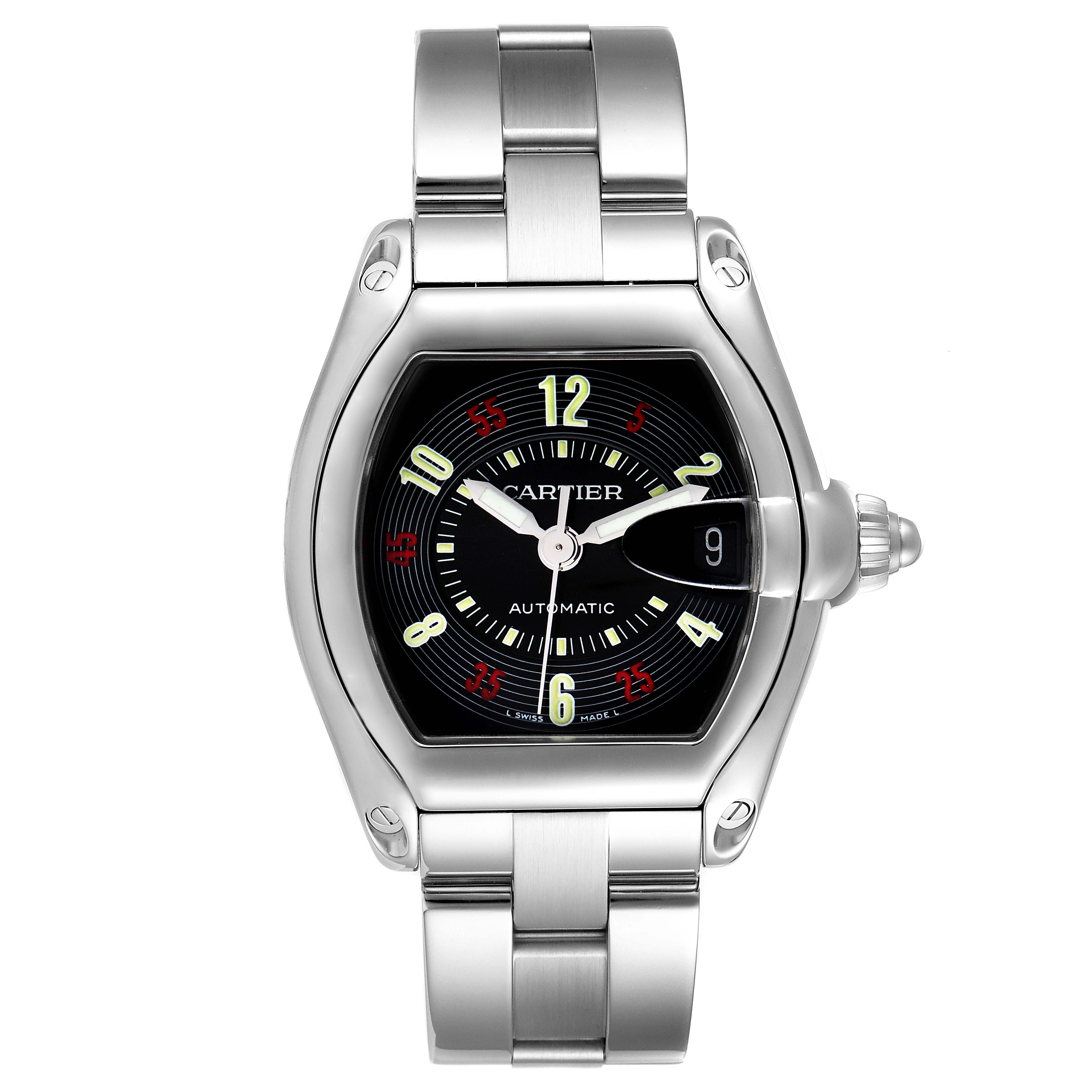 This image shows a Cartier Roadster W62002V3 Men's Stainless Steel Black Dial W62002V3 Men's Stainless Steel Black Dial model watch from a front angle, highlighting its dial, bracelet, and crown.