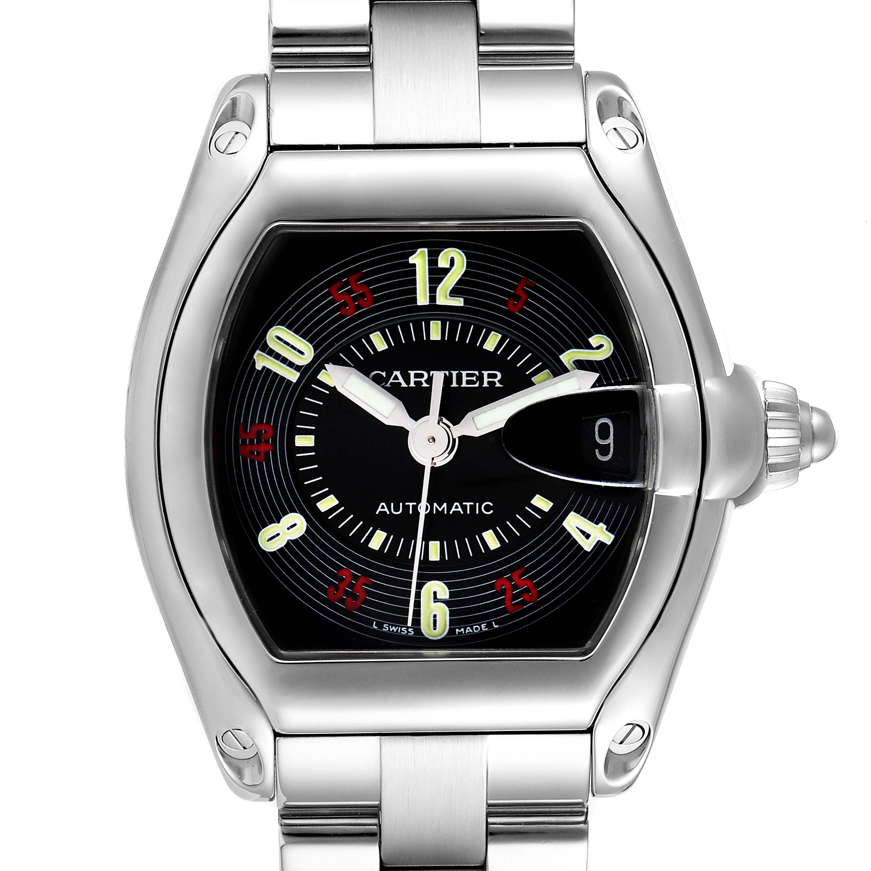 The image shows a front view of the Cartier Roadster W62002V3 Men's Stainless Steel Black Dial W62002V3 Men's Stainless Steel Black Dial watch, highlighting the dial, hands, crown, and part of the bracelet.