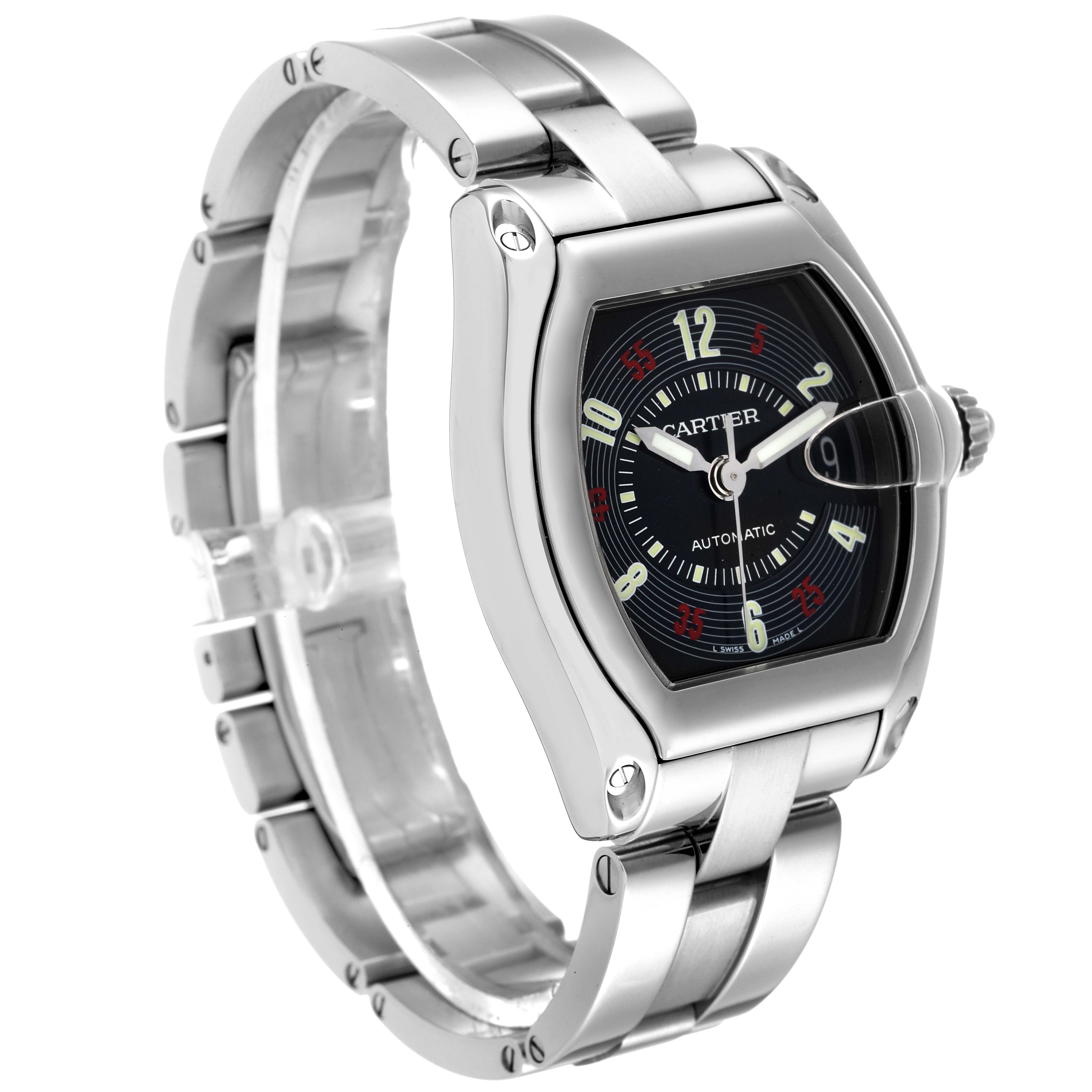 The image shows a Cartier Roadster W62002V3 Men's Stainless Steel Black Dial W62002V3 Men's Stainless Steel Black Dial watch at an angled front view, highlighting the case, dial, and bracelet.