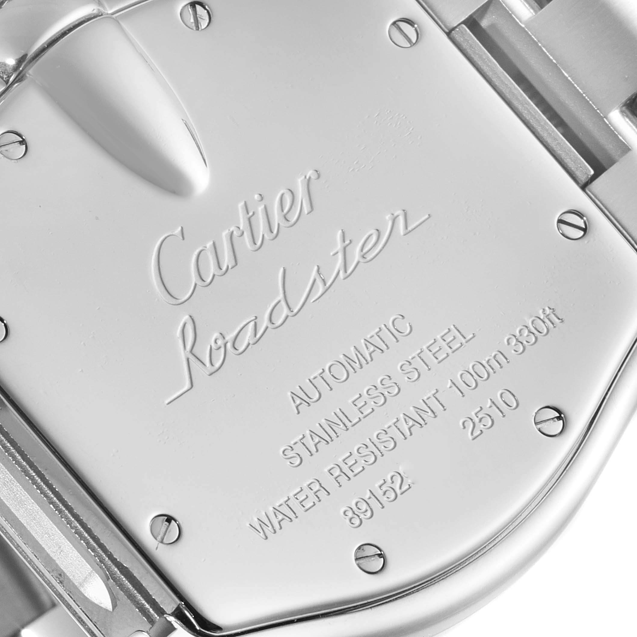 The image shows the back case of the Cartier Roadster W62002V3 Men's Stainless Steel Black Dial W62002V3 Men's Stainless Steel Black Dial watch, detailing its model information and specifications.