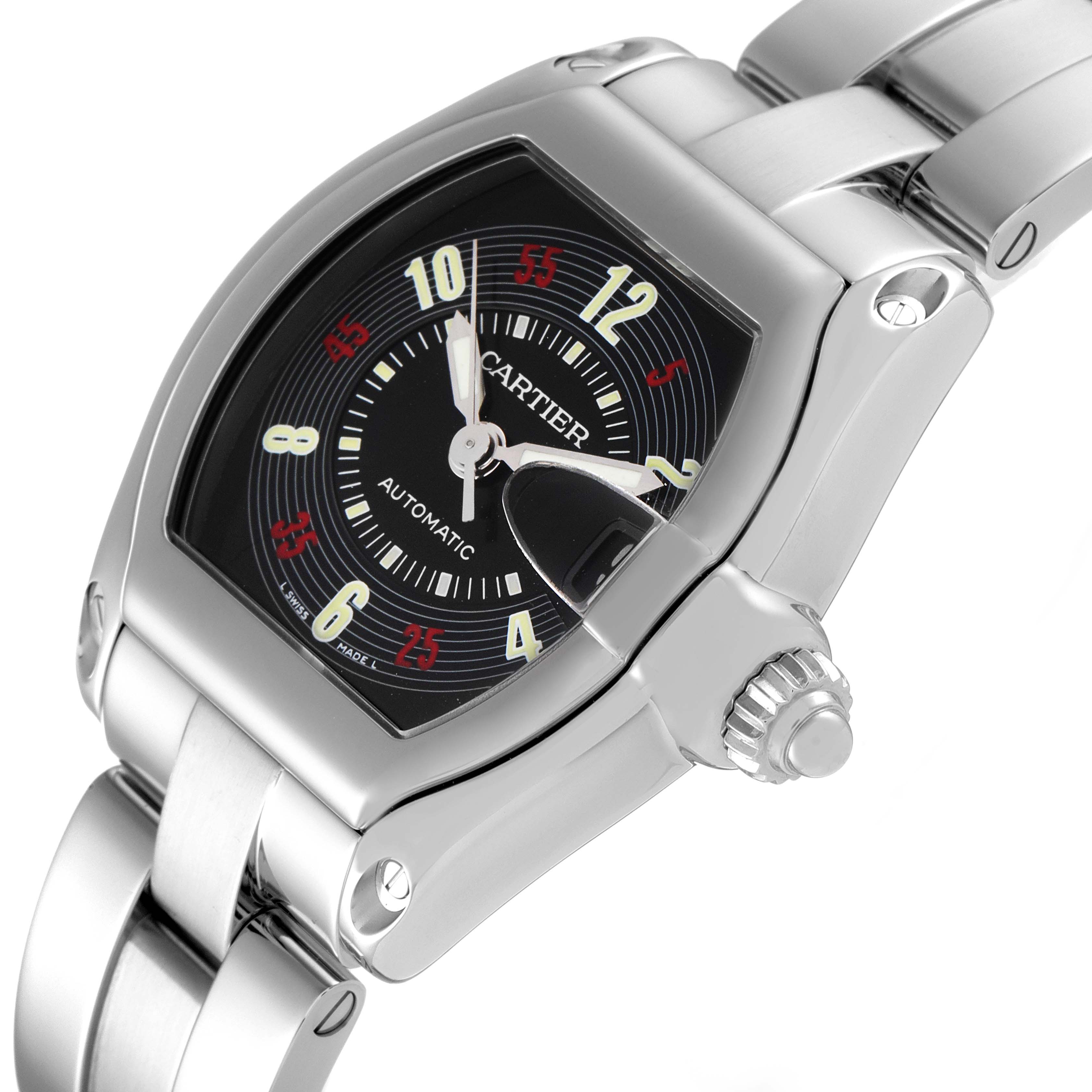 This is a Cartier Roadster W62002V3 Men's Stainless Steel Black Dial W62002V3 Men's Stainless Steel Black Dial watch, shown at an angled close-up highlighting the face, bezel, crown, and part of the bracelet.