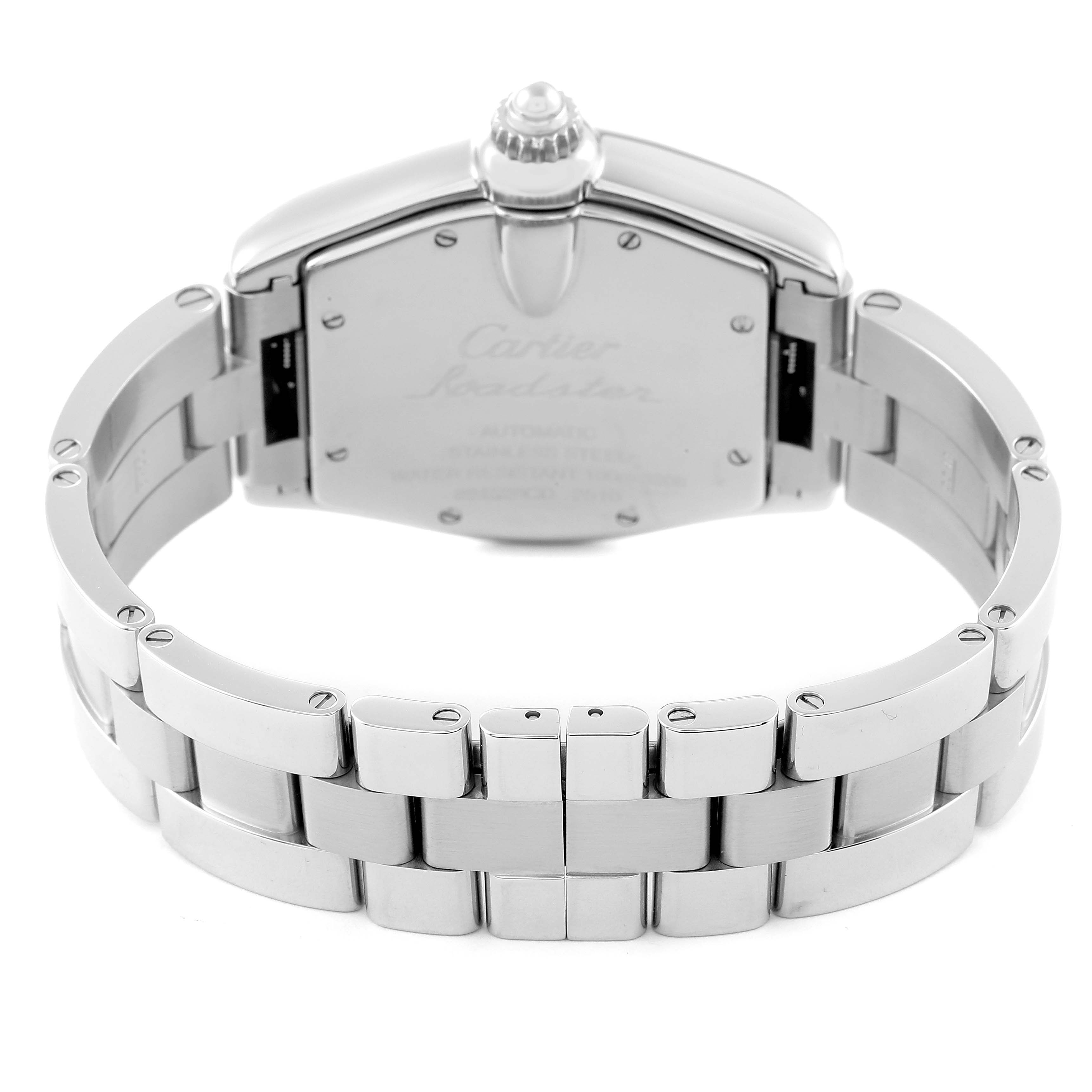 The image shows the back view of a Cartier Roadster W62002V3 Men's Stainless Steel Black Dial W62002V3 Men's Stainless Steel Black Dial watch, displaying the case back and stainless steel bracelet.