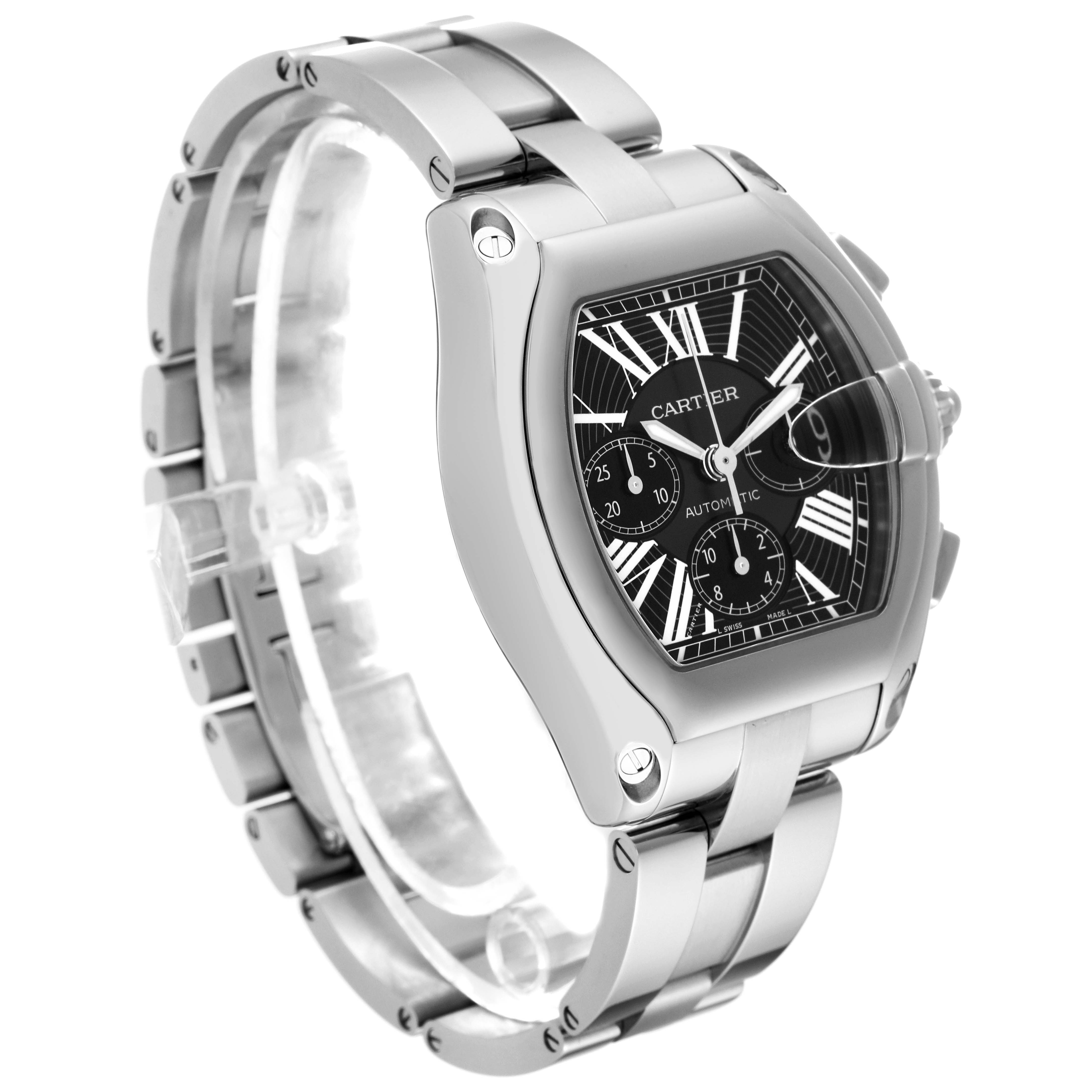 The Roadster model by Cartier is shown at a three-quarter angle, displaying its stainless steel bracelet and black dial.