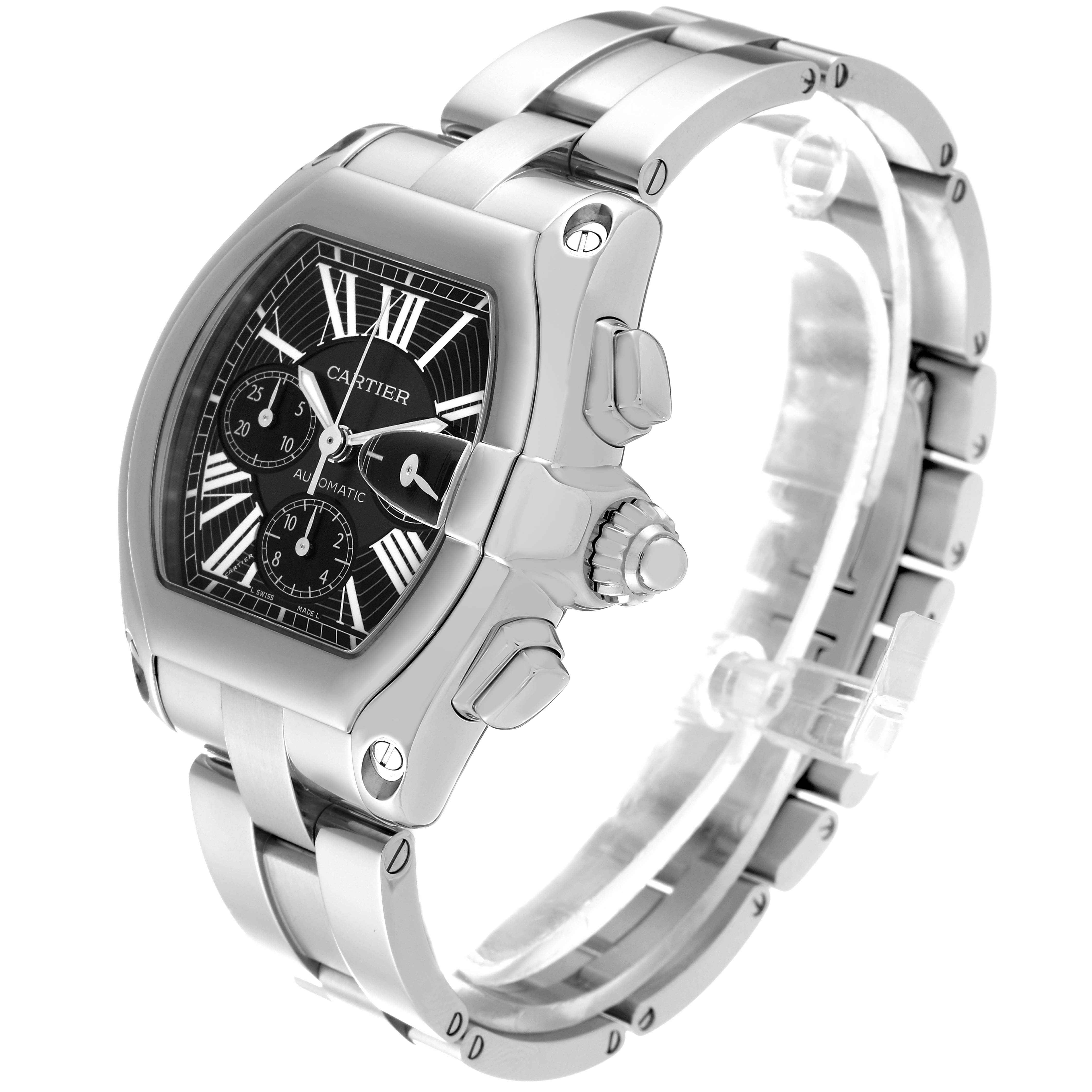 The image shows a Cartier Roadster W62020X6 Men's Stainless Steel Black Dial W62020X6 Men's Stainless Steel Black Dial watch from an angled side view, highlighting its face, bezel, and metal bracelet.