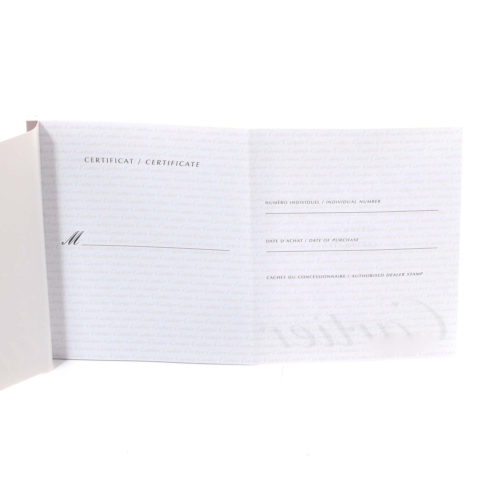 The image shows the certificate of authenticity for the Cartier Roadster W62020X6 Men's Stainless Steel Black Dial W62020X6 Men's Stainless Steel Black Dial model watch, displaying fields for individual number, date of purchase, and dealer stamp.