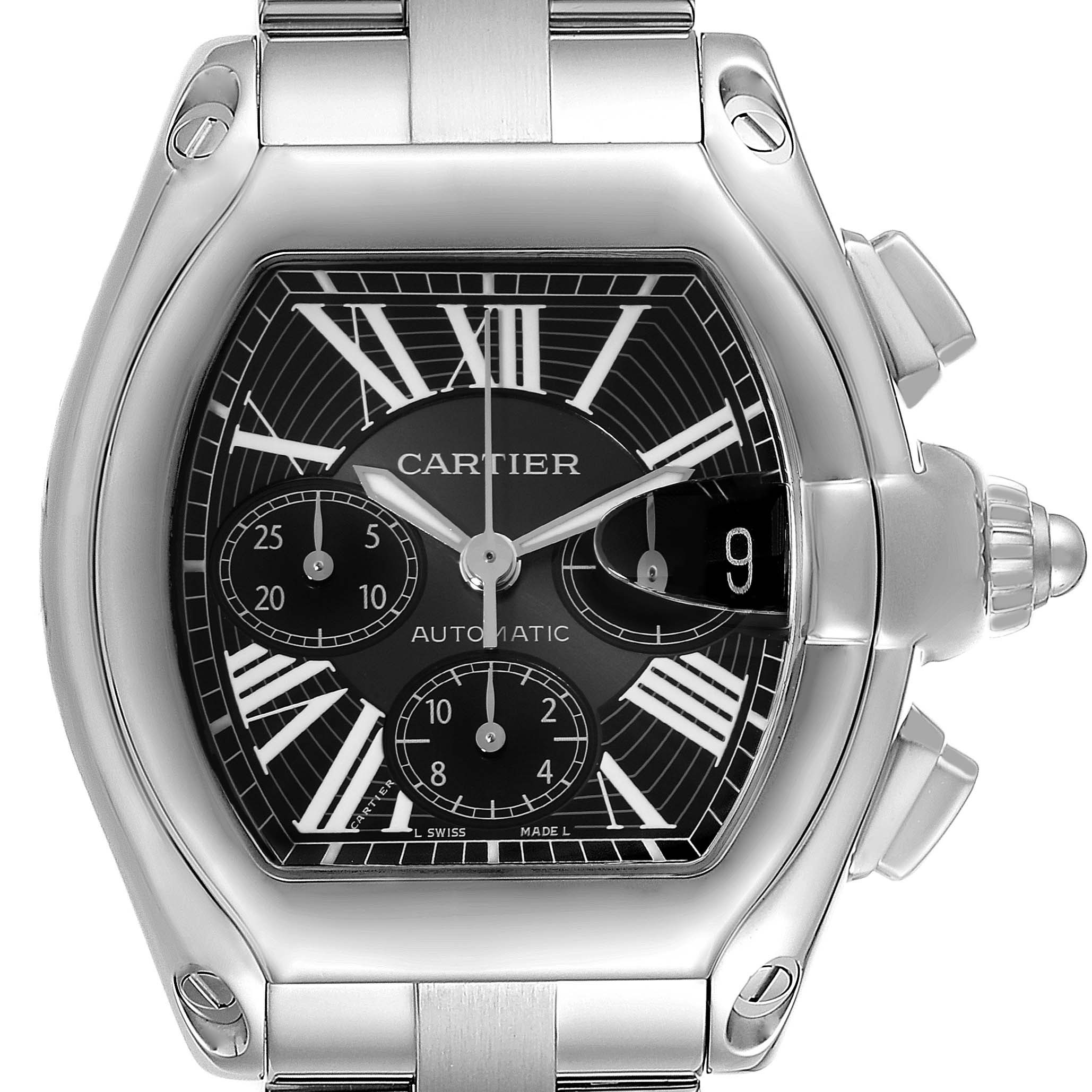 This image shows a close-up front view of a Cartier Roadster W62020X6 Men's Stainless Steel Black Dial W62020X6 Men's Stainless Steel Black Dial watch, highlighting the dial and case features.