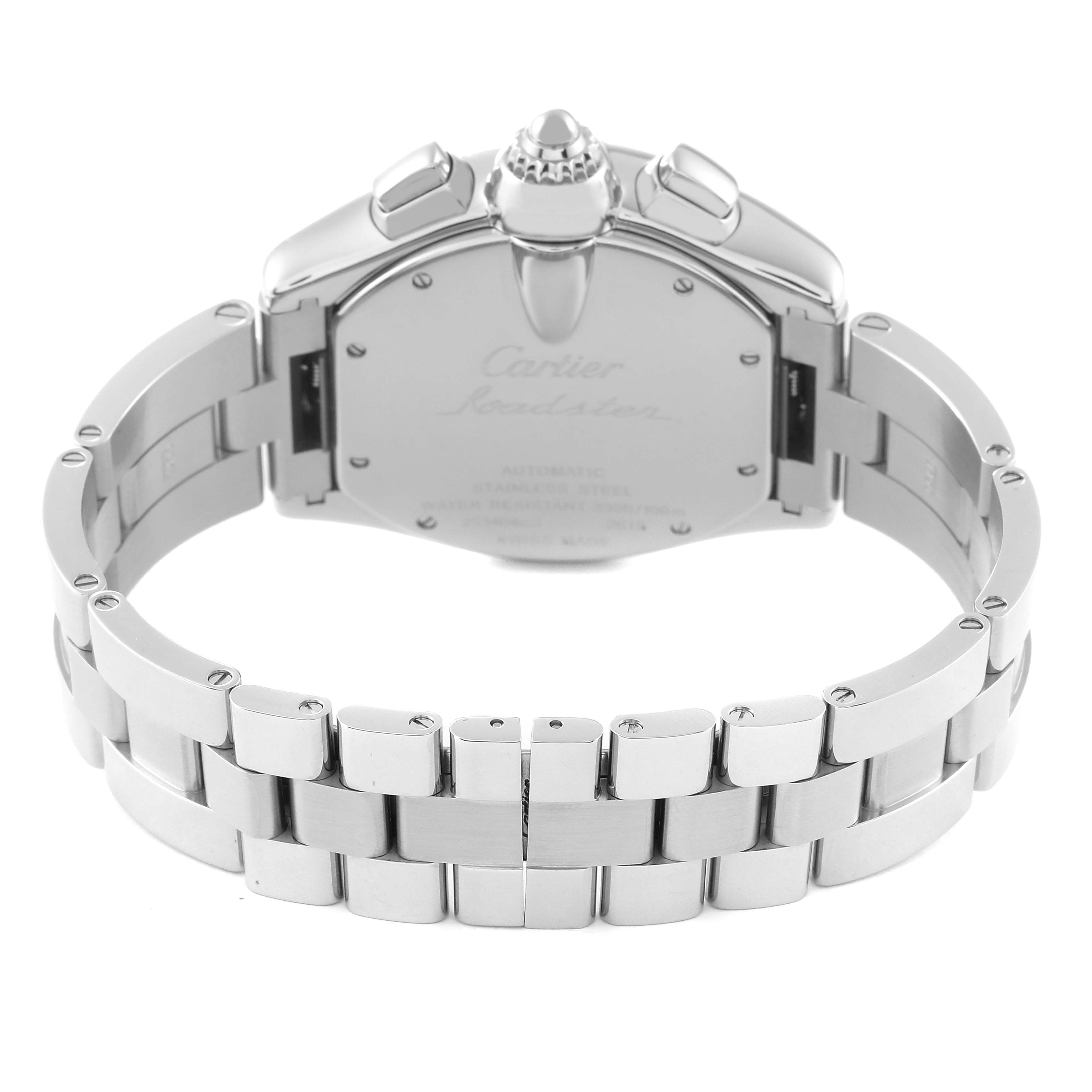 The image shows the back and bracelet of a Cartier Roadster W62020X6 Men's Stainless Steel Black Dial W62020X6 Men's Stainless Steel Black Dial watch, including the clasp and links.