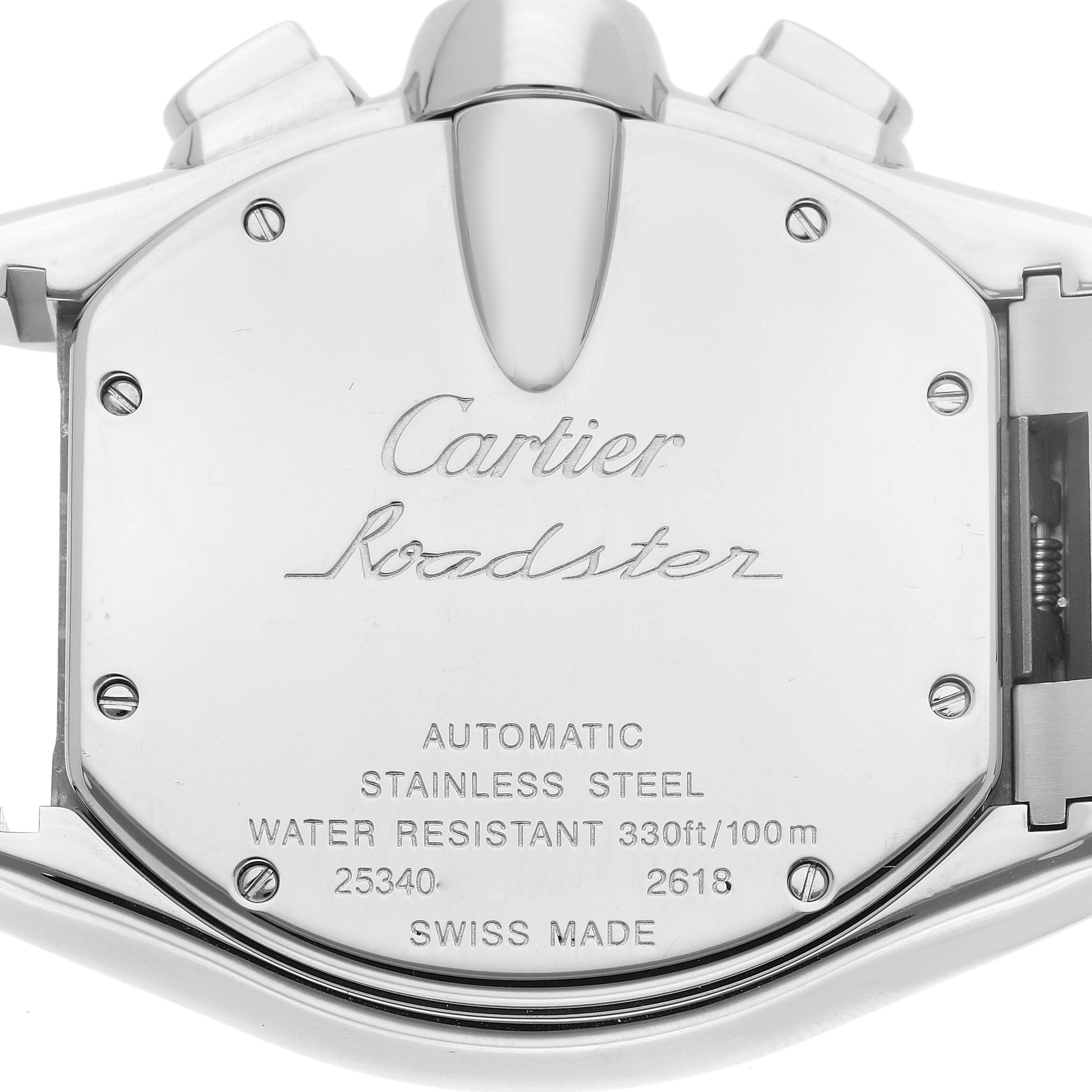 This image shows the back case of the Cartier Roadster W62020X6 Men's Stainless Steel Black Dial W62020X6 Men's Stainless Steel Black Dial watch, highlighting the model information and specifications.