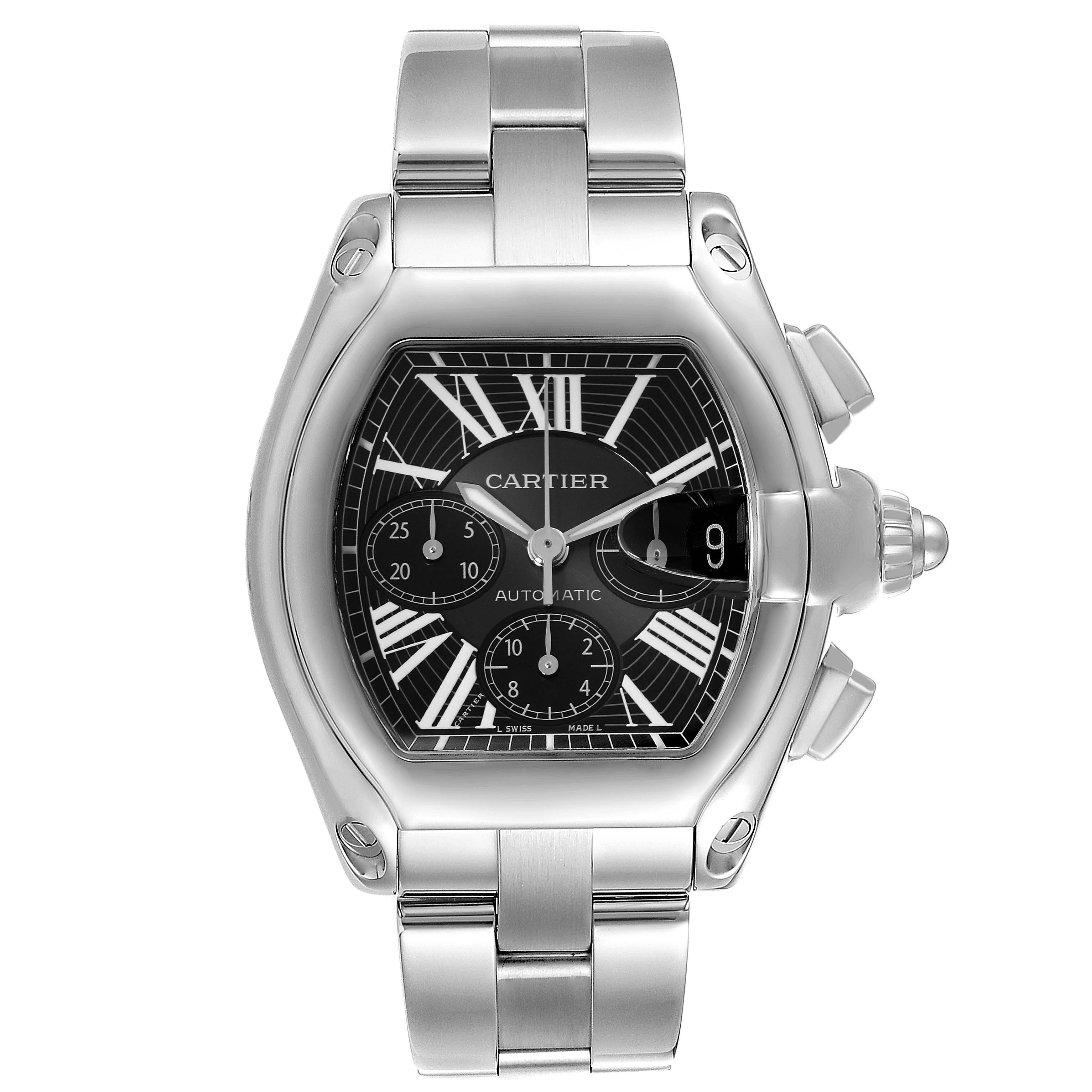 The image shows a Cartier Roadster W62020X6 Men's Stainless Steel Black Dial W62020X6 Men's Stainless Steel Black Dial watch from a front angle, highlighting its face, bezel, crown, and bracelet.