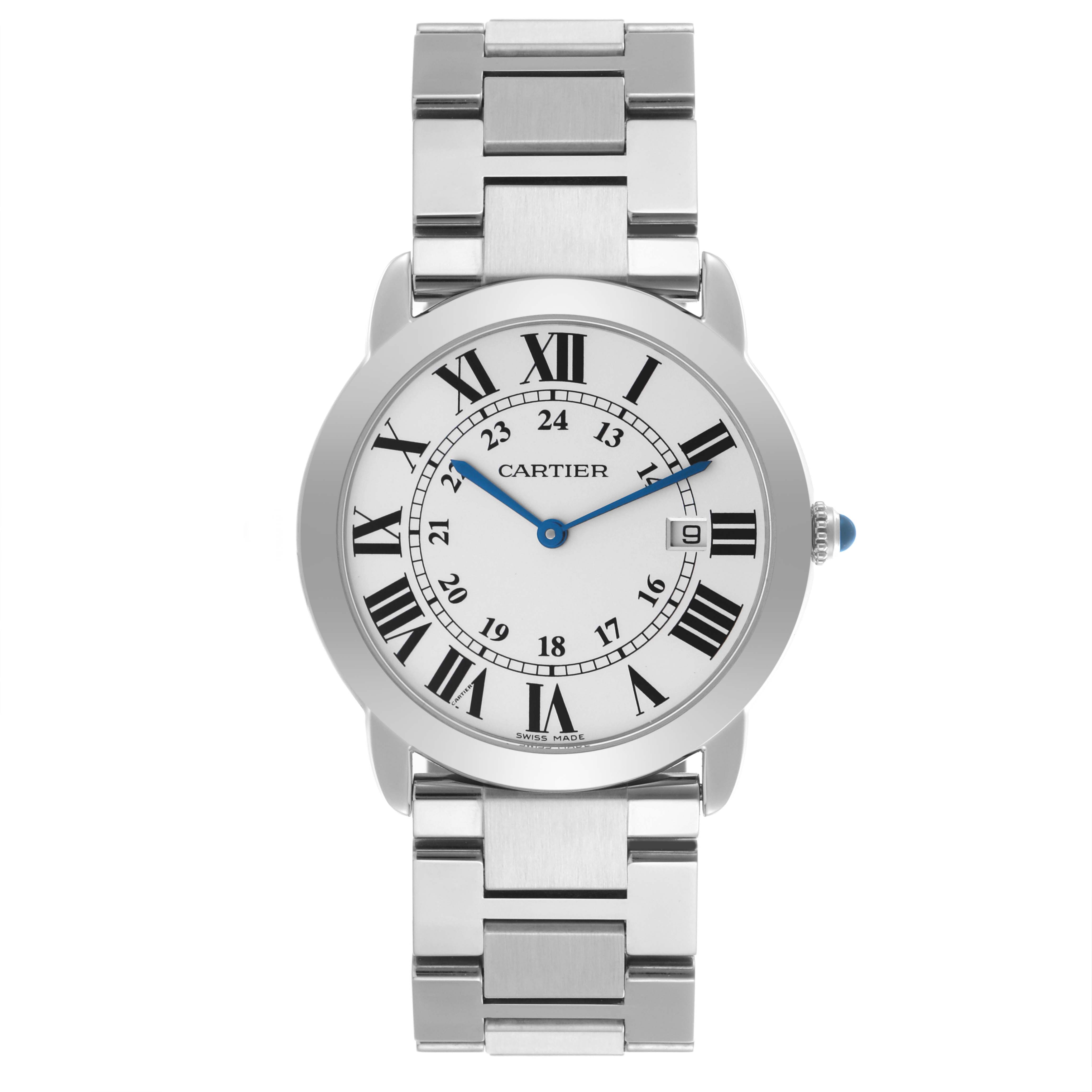 The Cartier Ronde W6701005 Men
s Stainless Steel Silver Dial W6701005 Men
s Stainless Steel Silver Dial watch is shown from a front angle, displaying its Roman numeral dial, blue hands, date window, and metal bracelet.