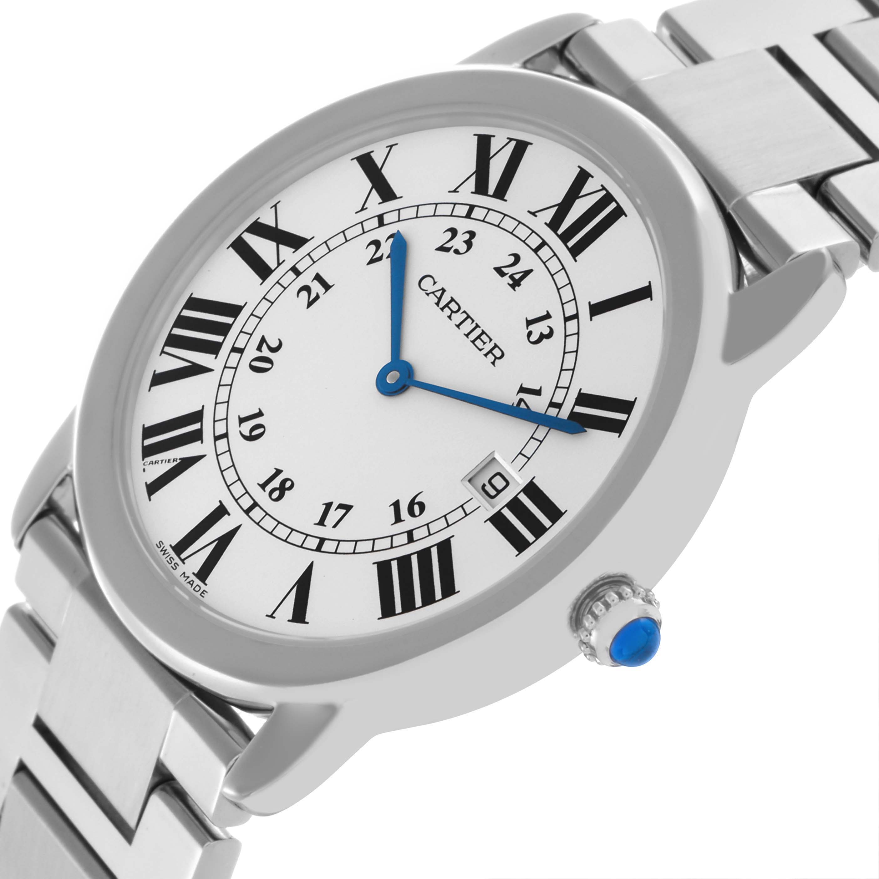 The Cartier Ronde W6701005 Men
s Stainless Steel Silver Dial W6701005 Men
s Stainless Steel Silver Dial watch is shown at an angled view, highlighting the face, Roman numerals, blue hands, and part of the metal bracelet.