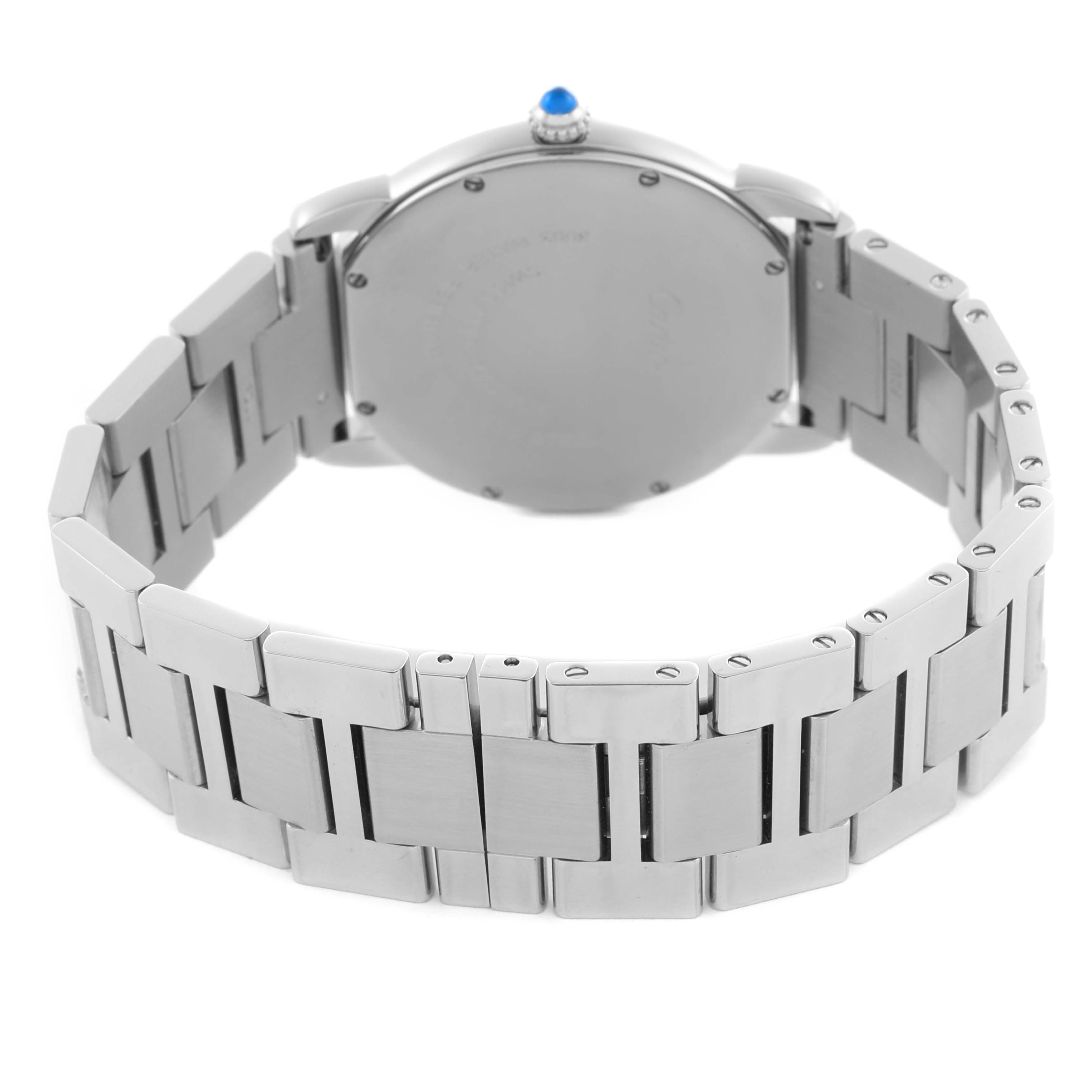 The Cartier Ronde W6701005 Men
s Stainless Steel Silver Dial W6701005 Men
s Stainless Steel Silver Dial watch is shown from the back, highlighting the case, bracelet links, and the crown with a blue cabochon.