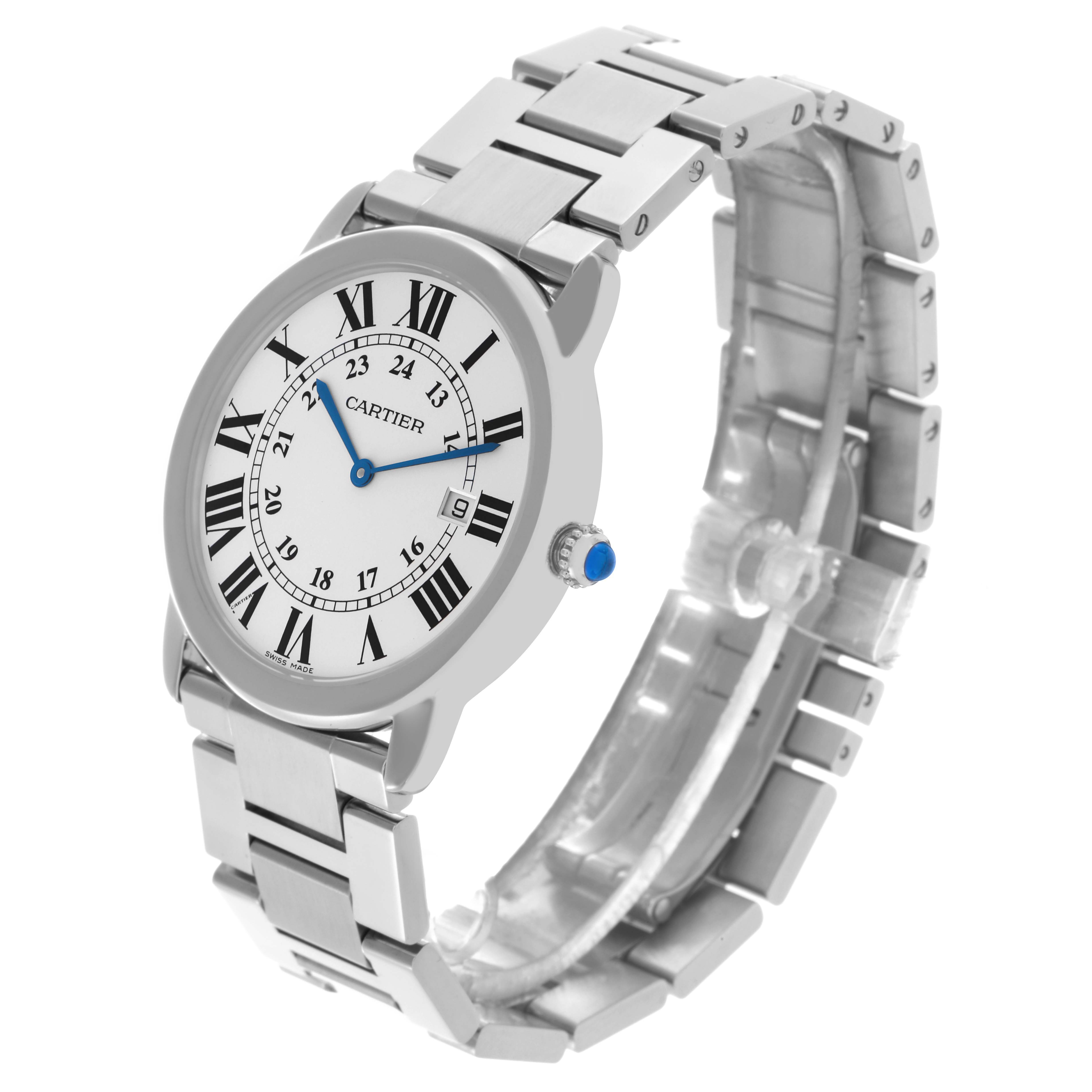 The Cartier Ronde W6701005 Men
s Stainless Steel Silver Dial W6701005 Men
s Stainless Steel Silver Dial watch is shown at a slight angle displaying the face, Roman numerals, blue hands, crown, and metal bracelet.