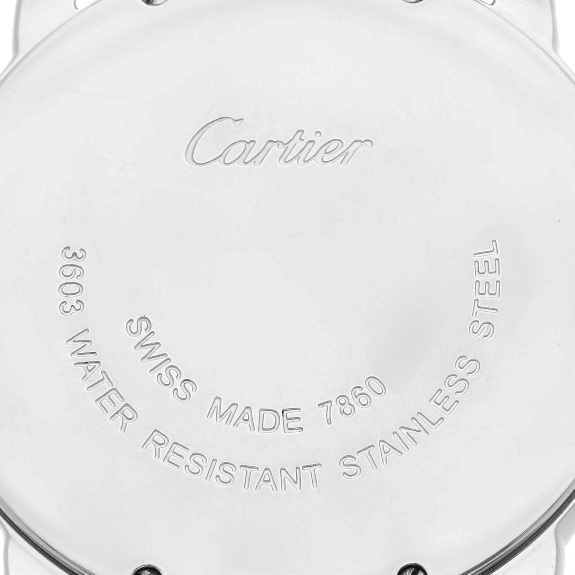 The image shows the back of a Cartier Ronde W6701005 Men
s Stainless Steel Silver Dial W6701005 Men
s Stainless Steel Silver Dial watch, highlighting the brand engraving and specifications.