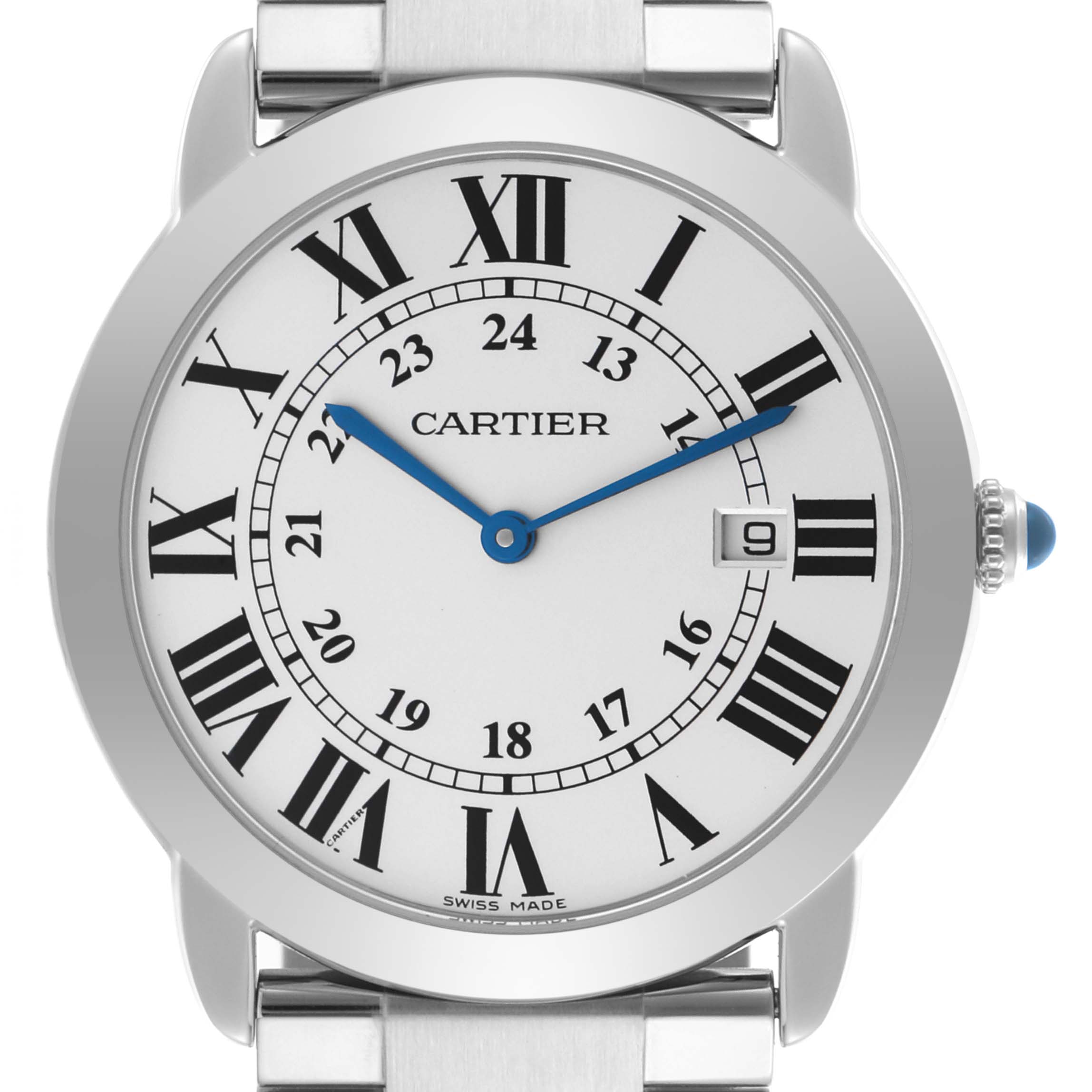 The image shows a frontal view of the Cartier Ronde W6701005 Men
s Stainless Steel Silver Dial W6701005 Men
s Stainless Steel Silver Dial watch, displaying the face, Roman numerals, and the date window.