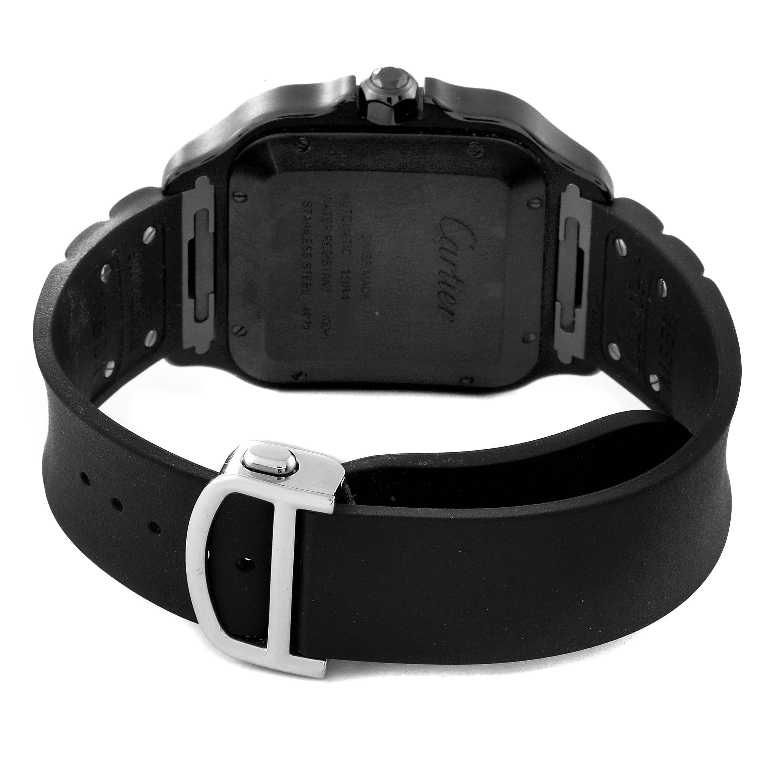 This image shows the back view of a Santos model watch by Cartier, including the case back, crown, and black strap with a buckle.
