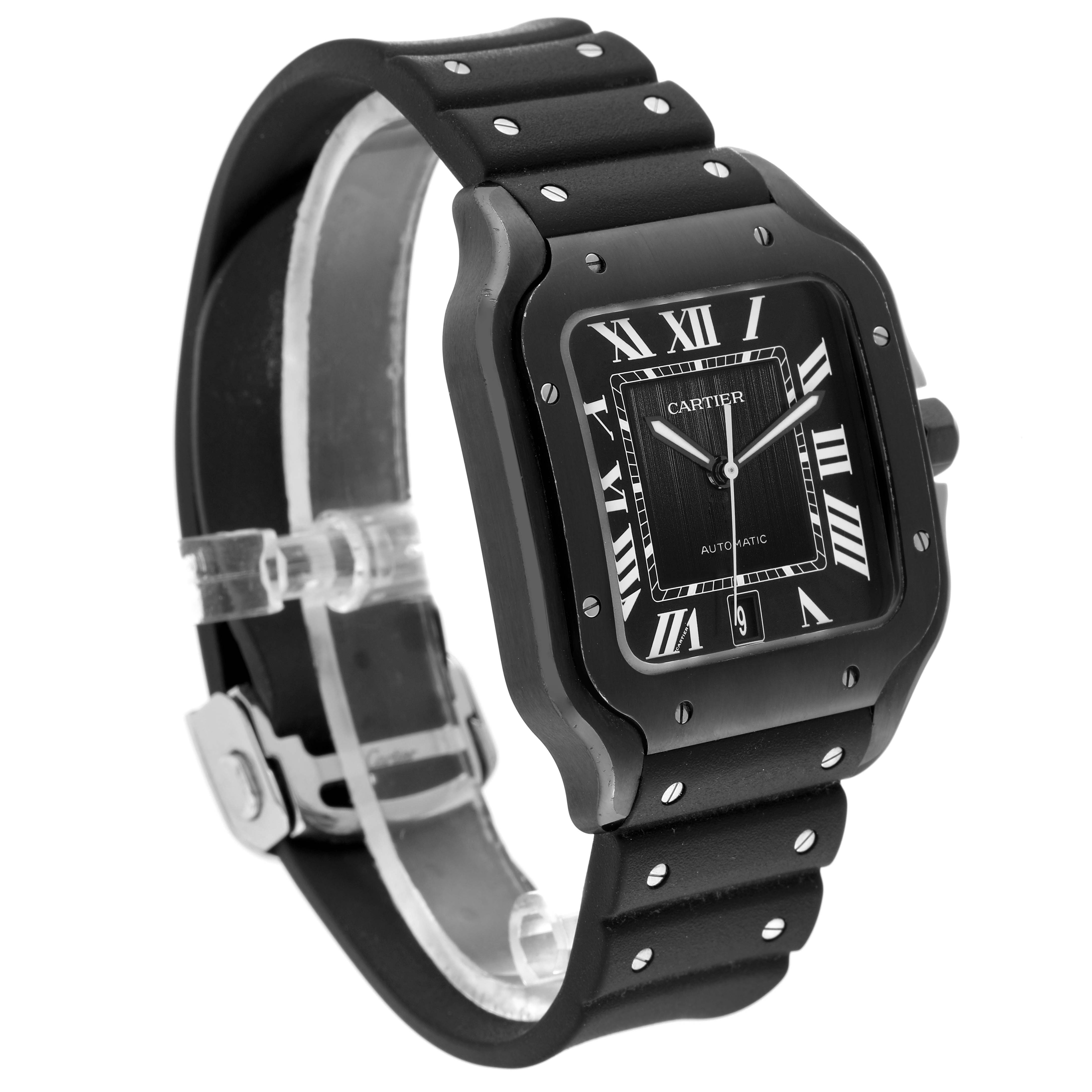 The image shows a front-angle view of the Cartier Santos WSSA0039 Men's Stainless Steel Black Dial WSSA0039 Men's Stainless Steel Black Dial watch, highlighting the face, bezel, and strap.