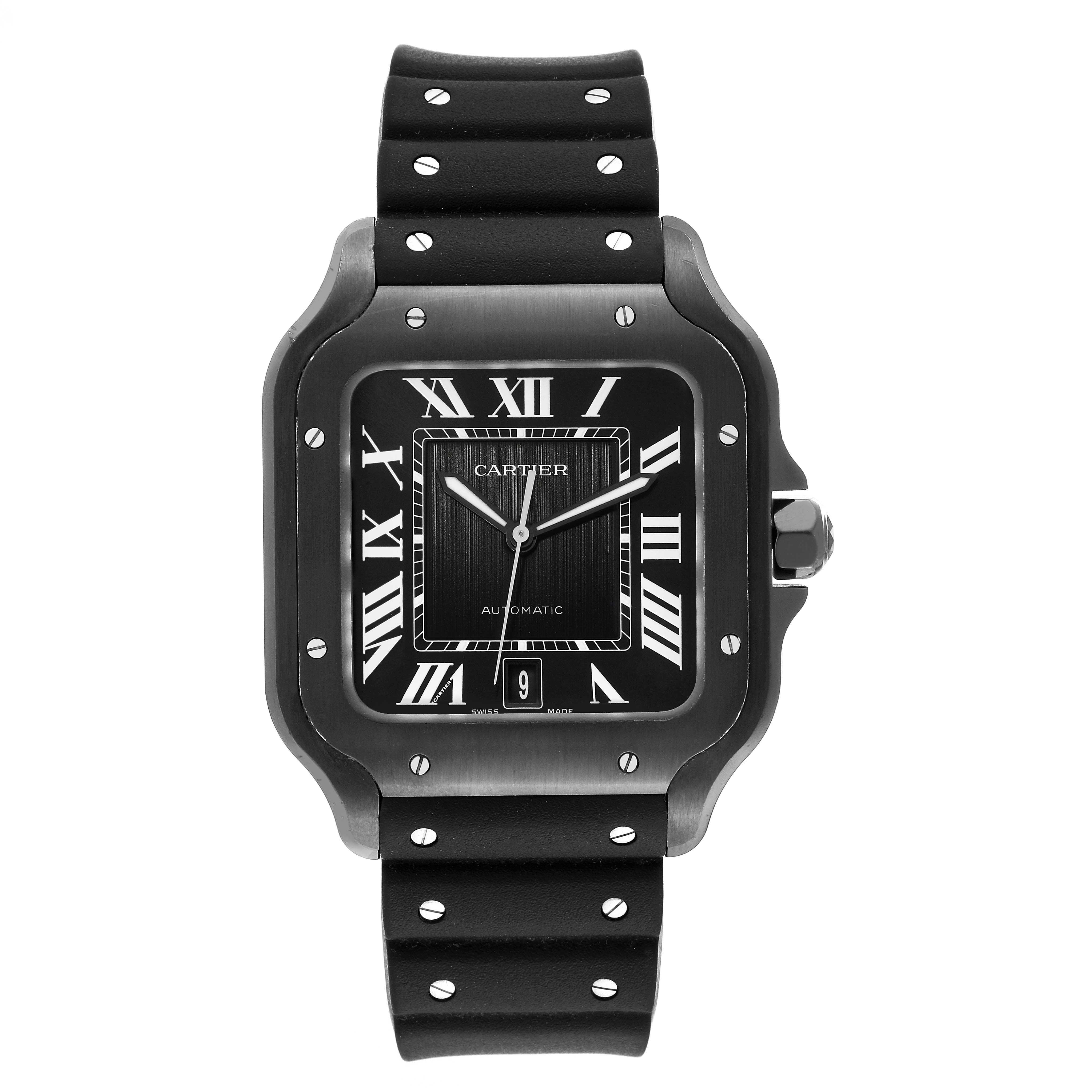 The image shows a front view of the Santos watch by Cartier, highlighting its black dial, Roman numeral markers, and rubber strap.