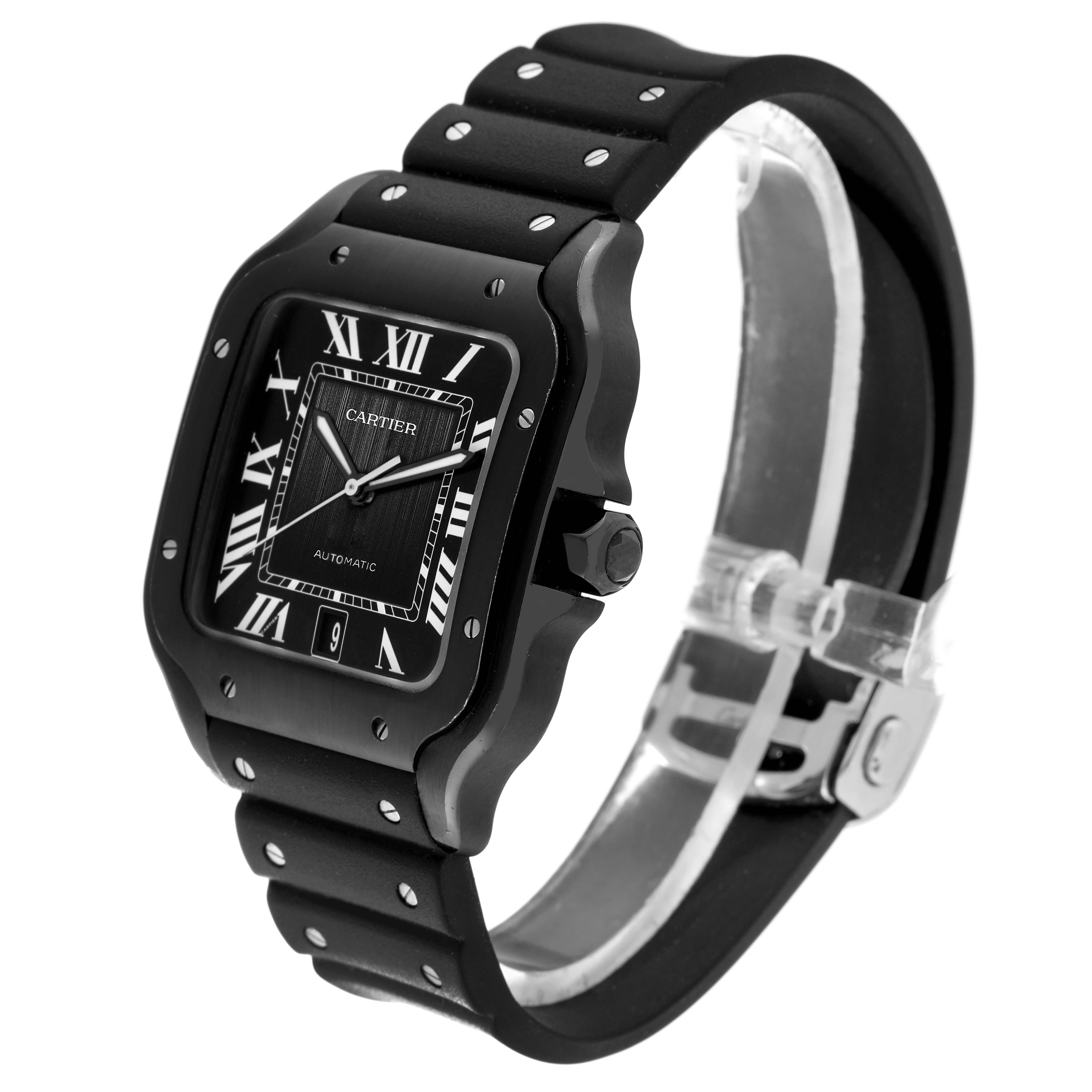 This image shows a side-angle view of a Cartier Santos WSSA0039 Men's Stainless Steel Black Dial WSSA0039 Men's Stainless Steel Black Dial watch, highlighting the face, bezel, and strap.