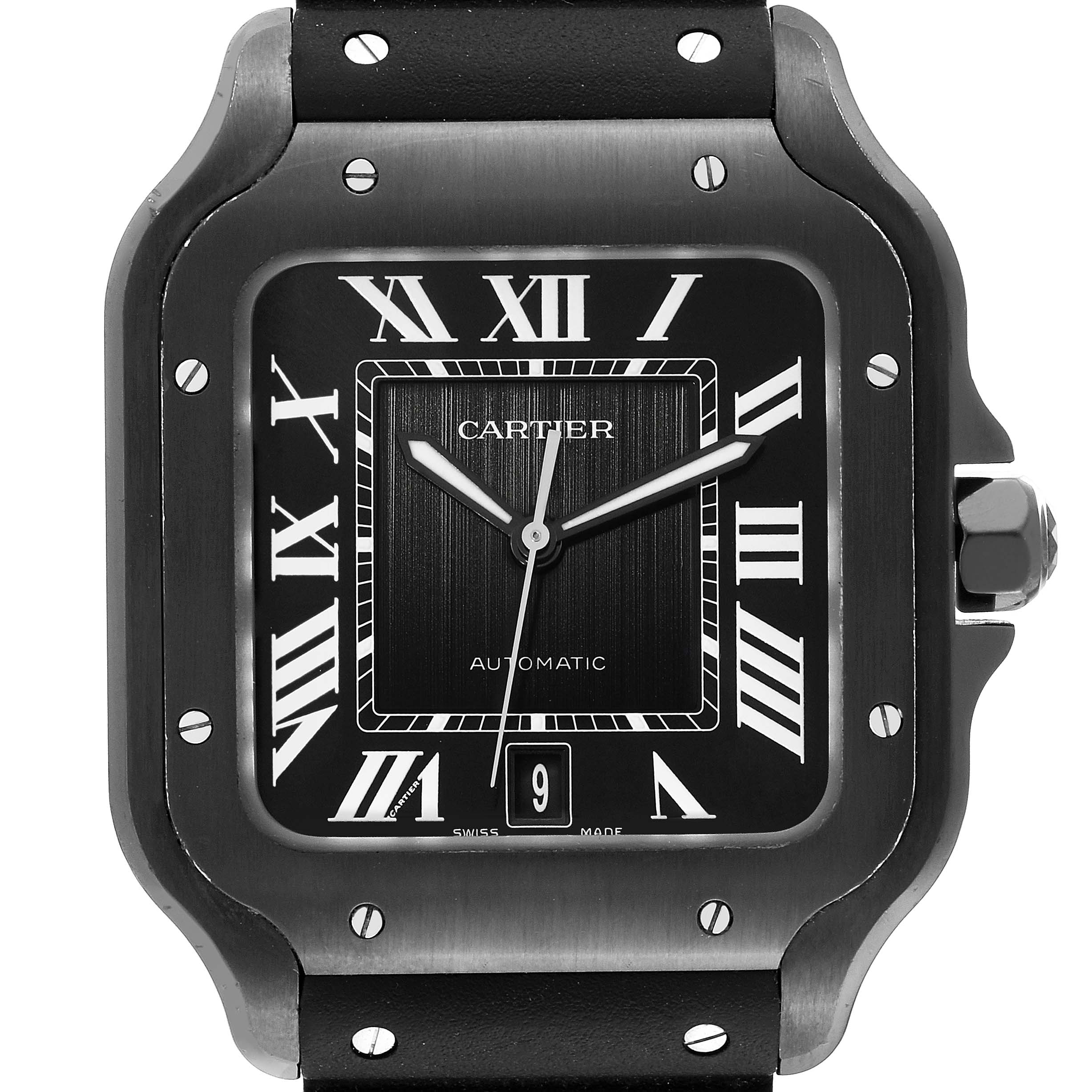 Cartier Santos Black Dial Rubber Strap Steel Mens Watch WSSA0039 Box Card |  SwissWatchExpo