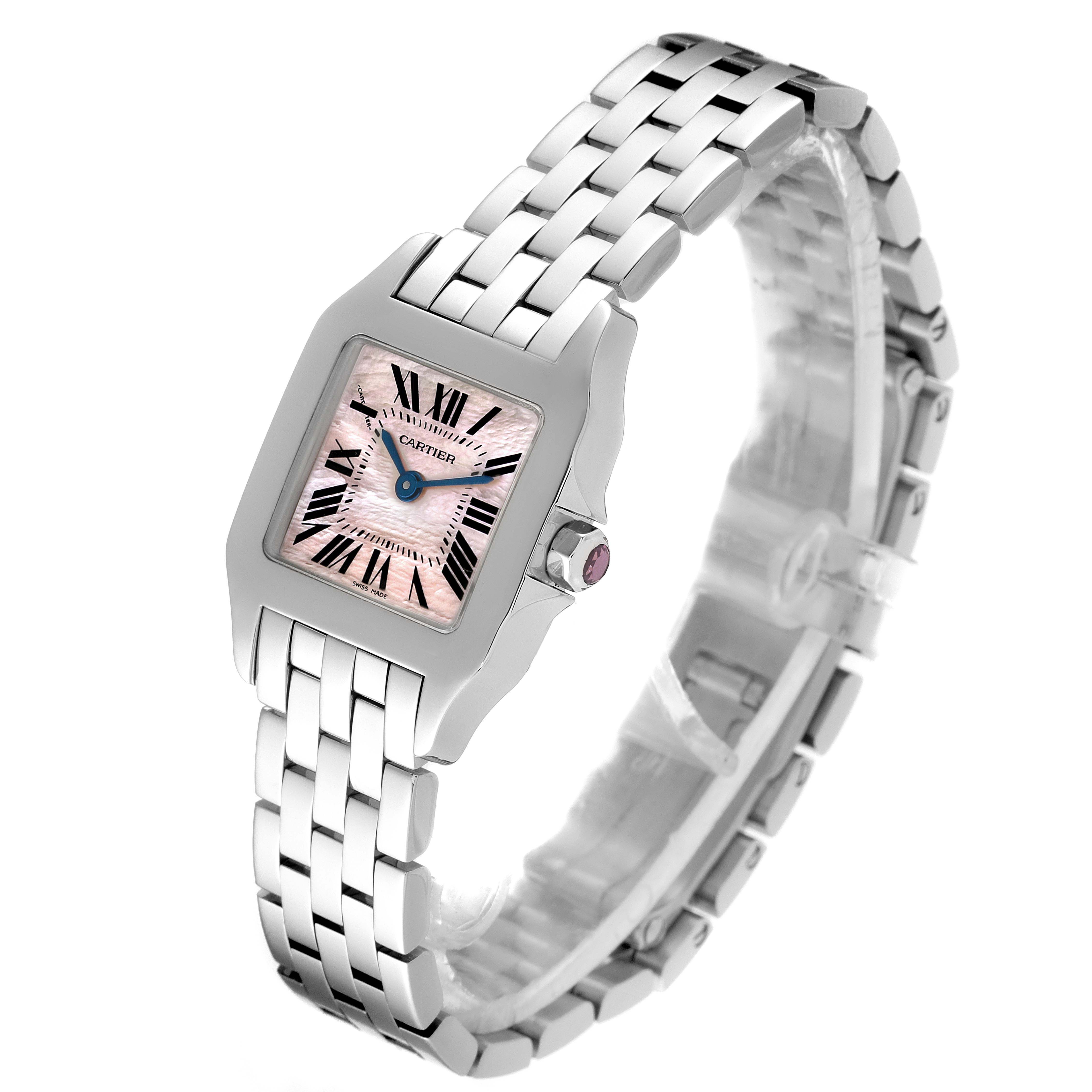 The image shows a Cartier Santos Demoiselle W25075Z5 Women's Stainless Steel Mother of Pearl Dial W25075Z5 Women's Stainless Steel Mother of Pearl Dial watch from a slightly angled side view, highlighting the face, bracelet, and crown.