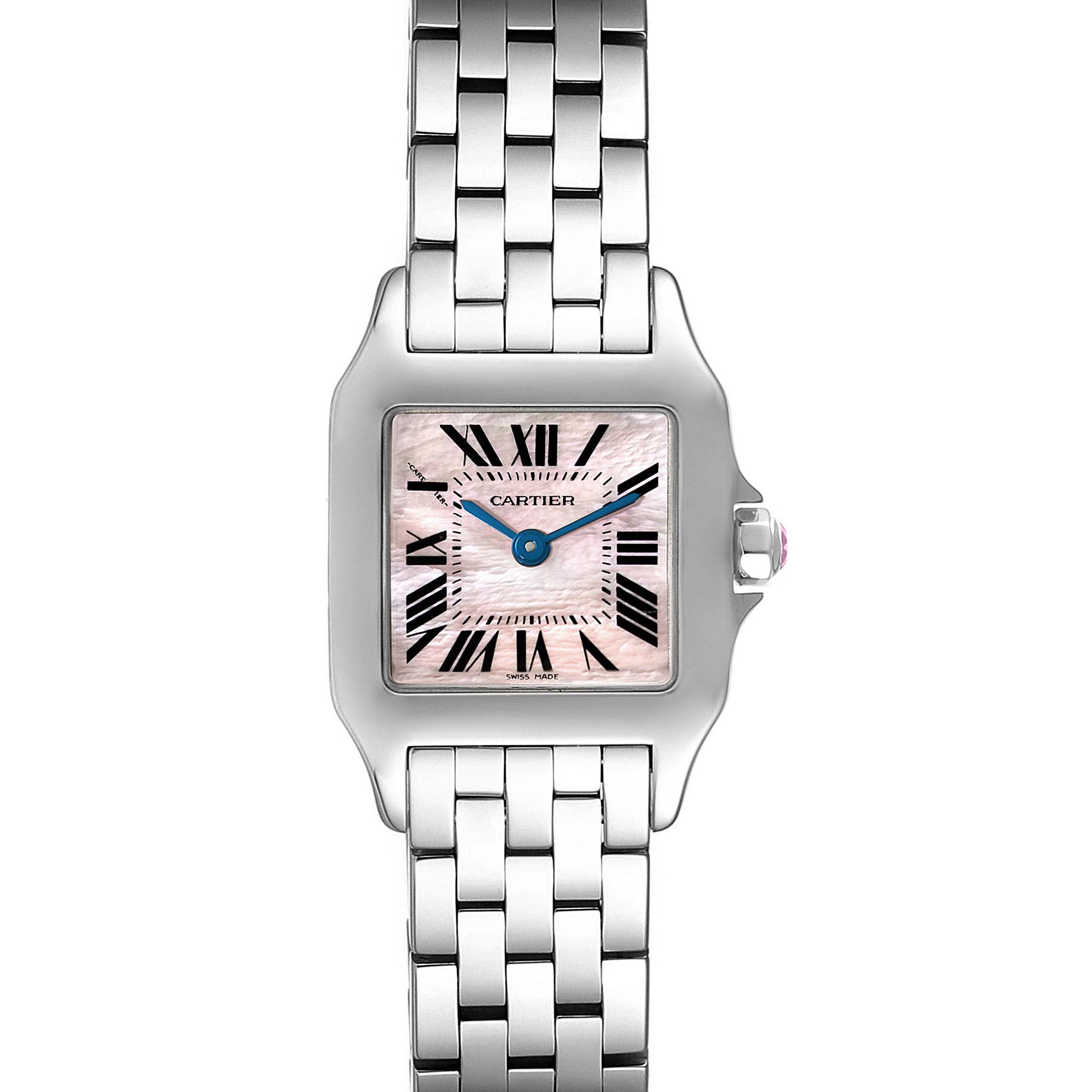 The image shows a front view of the Cartier Santos Demoiselle W25075Z5 Women's Stainless Steel Mother of Pearl Dial W25075Z5 Women's Stainless Steel Mother of Pearl Dial watch, featuring its face and metal bracelet.