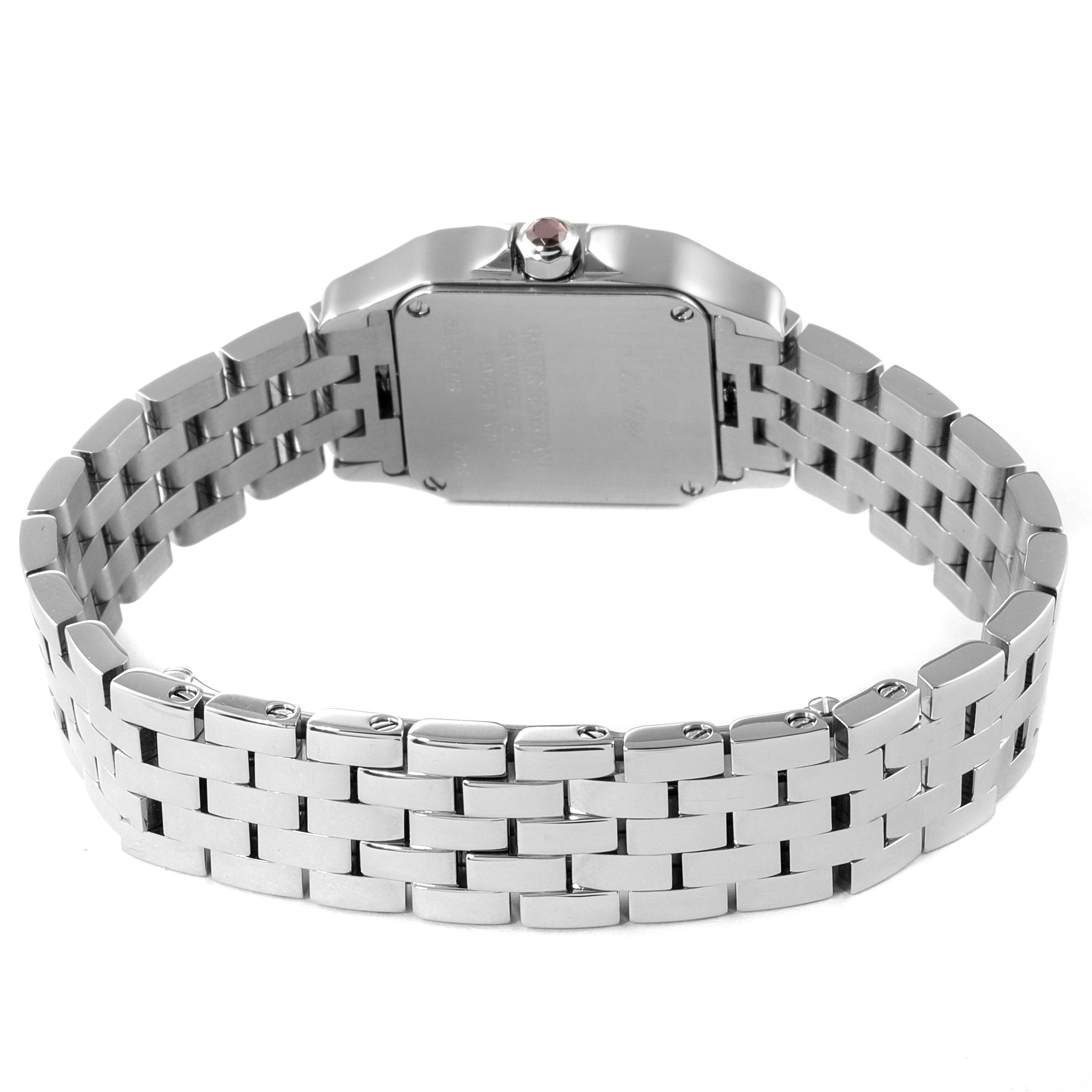 The image shows the back view of the Santos Demoiselle watch by Cartier, highlighting its bracelet and case back.